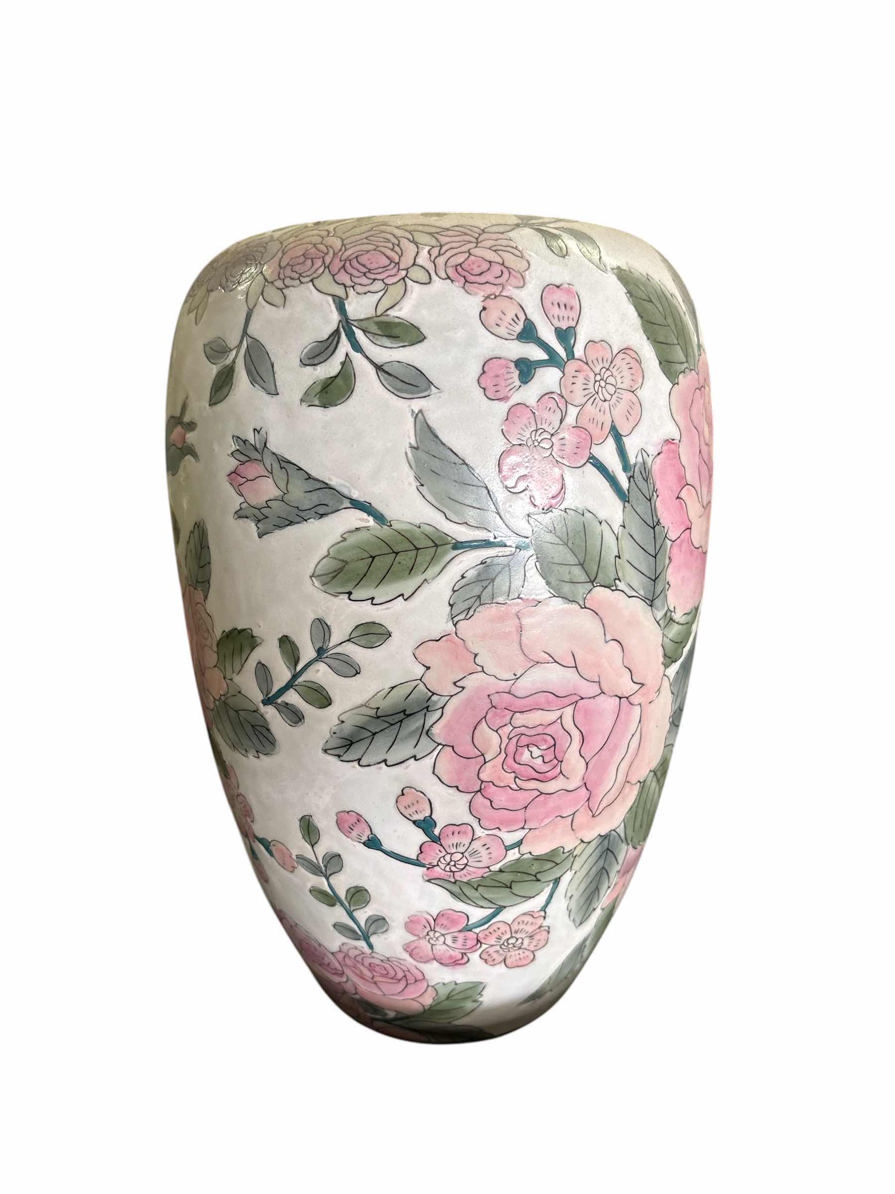 Photo 1 of VINTAGE FAMILLE ROSE PORCELAIN HAND-PAINTED VASE W PINK FLORAL DESIGN H11”