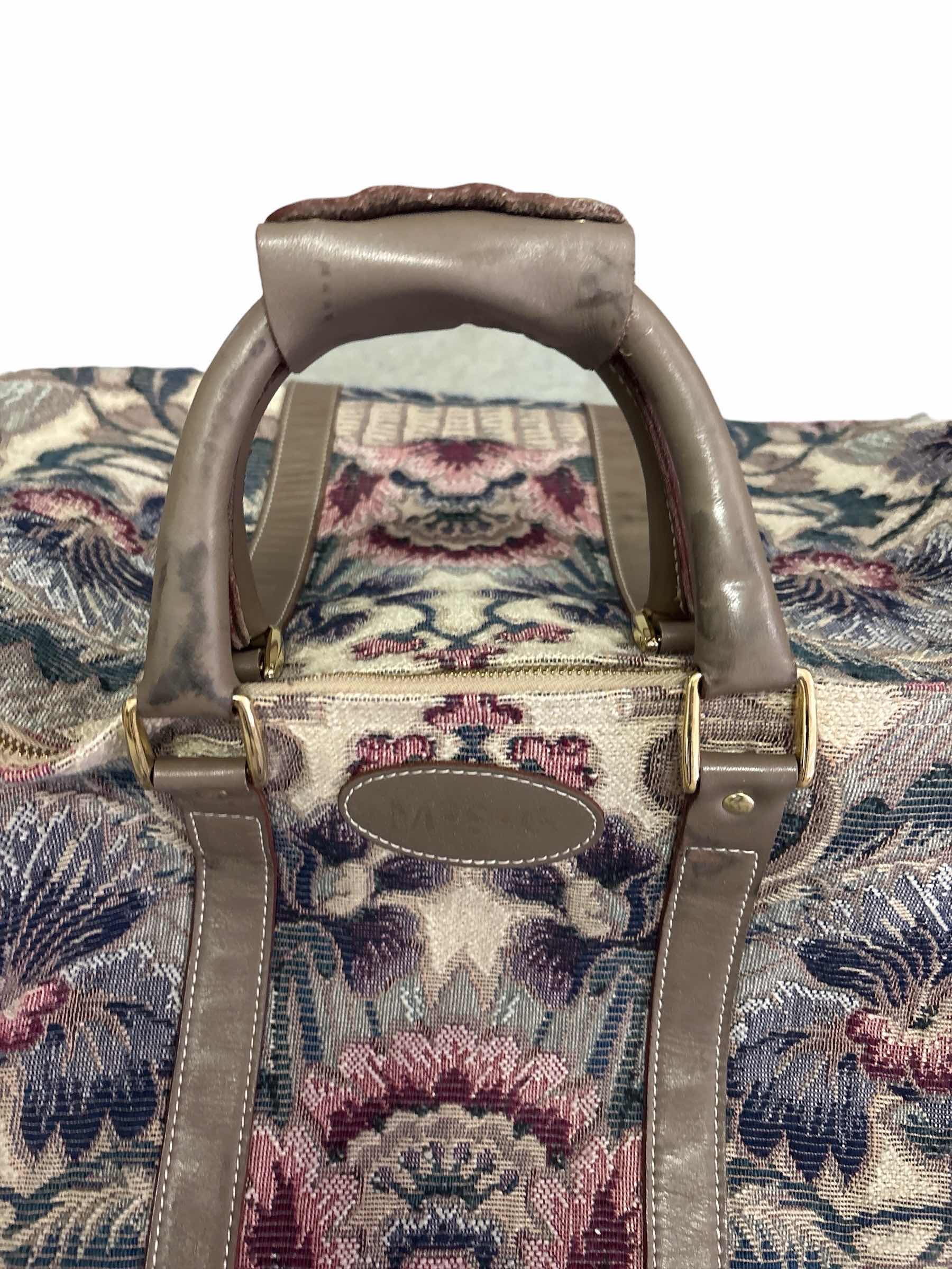 Photo 1 of VINTAGE FRENCH BROWN DISTRESSED LEATHER W FLORAL PATTERN DUFFLEBAG L22” $275