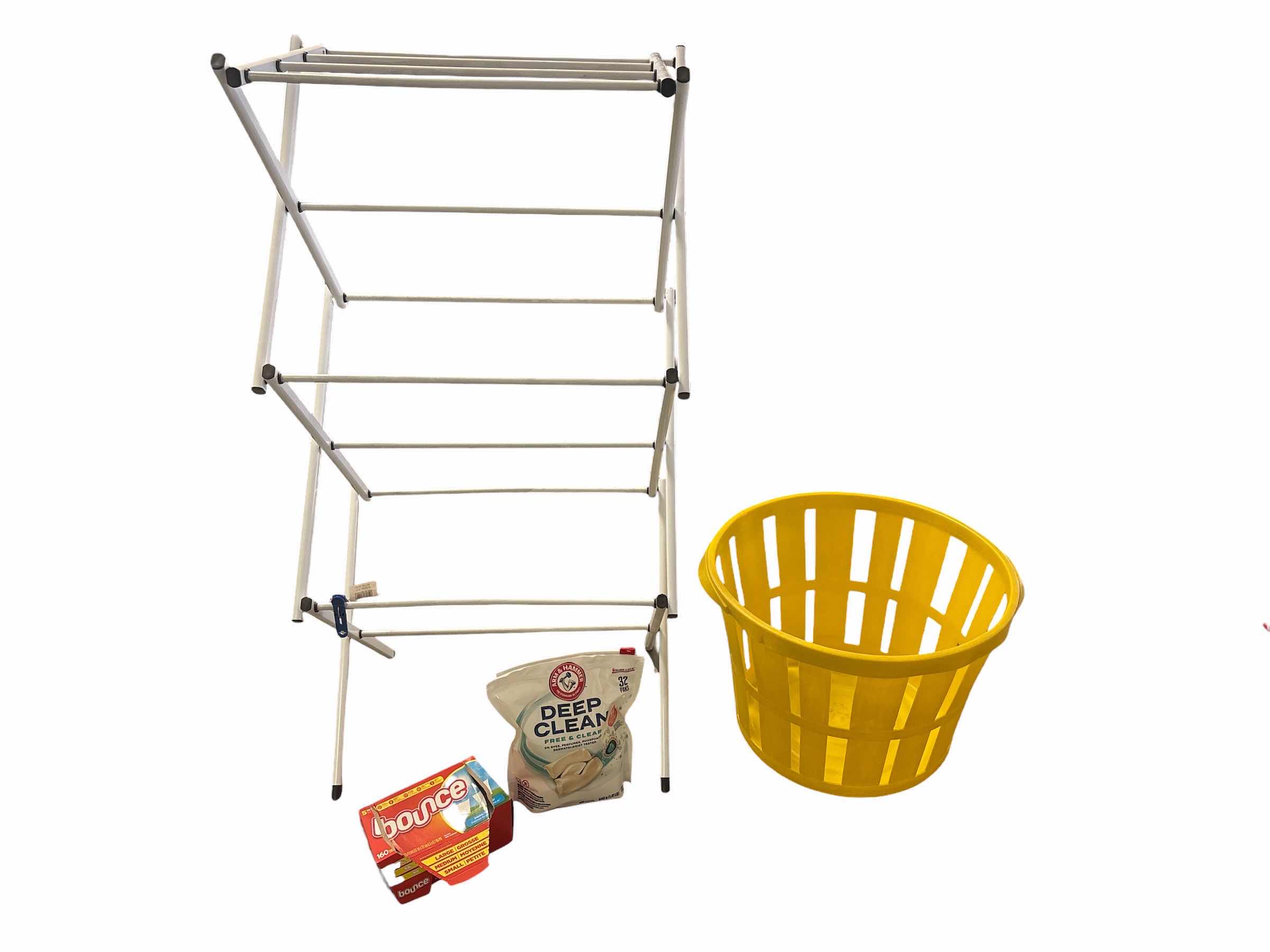 View 1 of (5)PCS ACCORDION DRYING RACK, BASKET, & WASHER PODS/DRYER SHEETS H41.5”