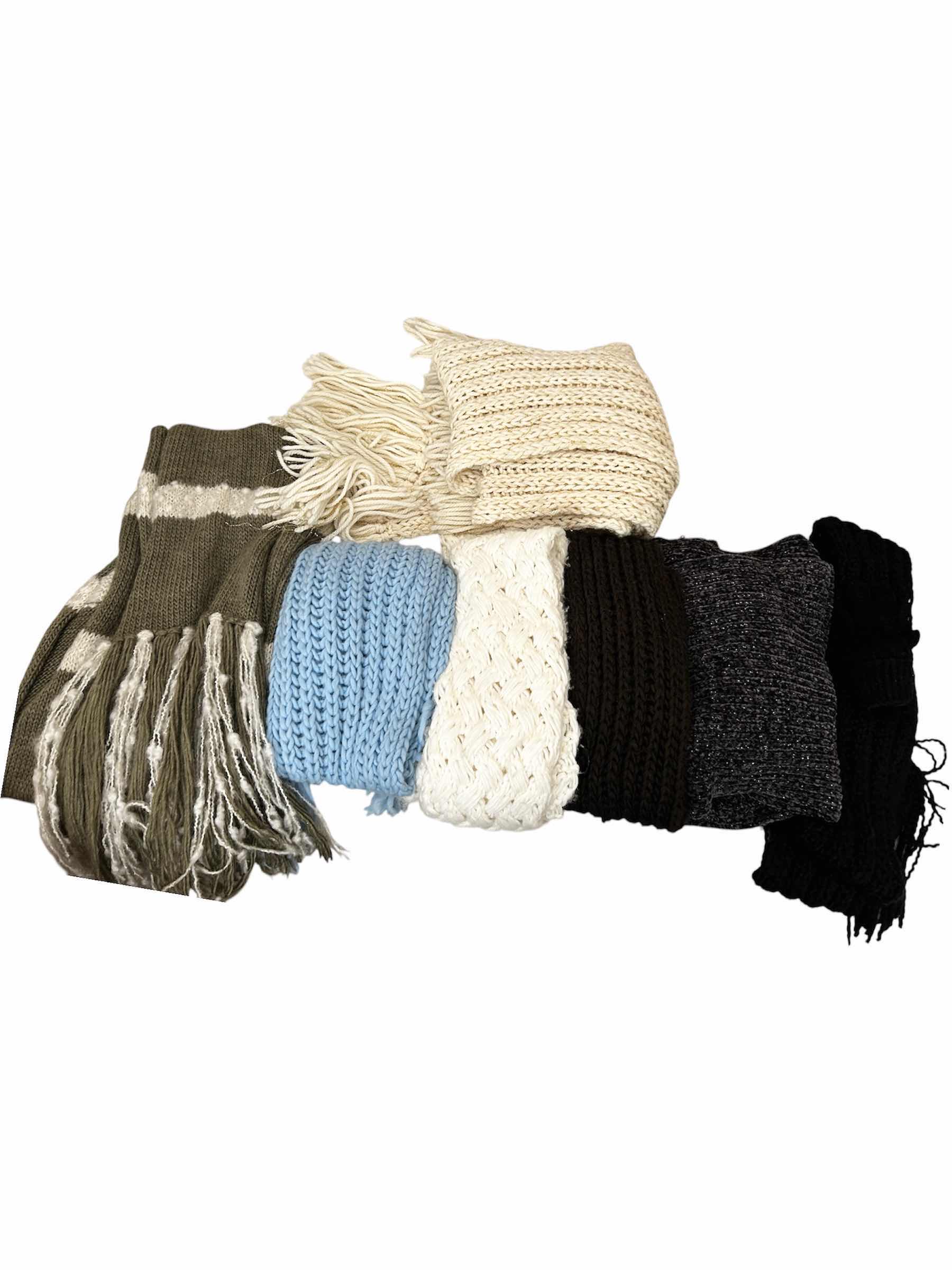 Photo 1 of VARIOUS LARGER SCARFS (7) AND ONE PAIR OF BLACK WINTER GLOVES