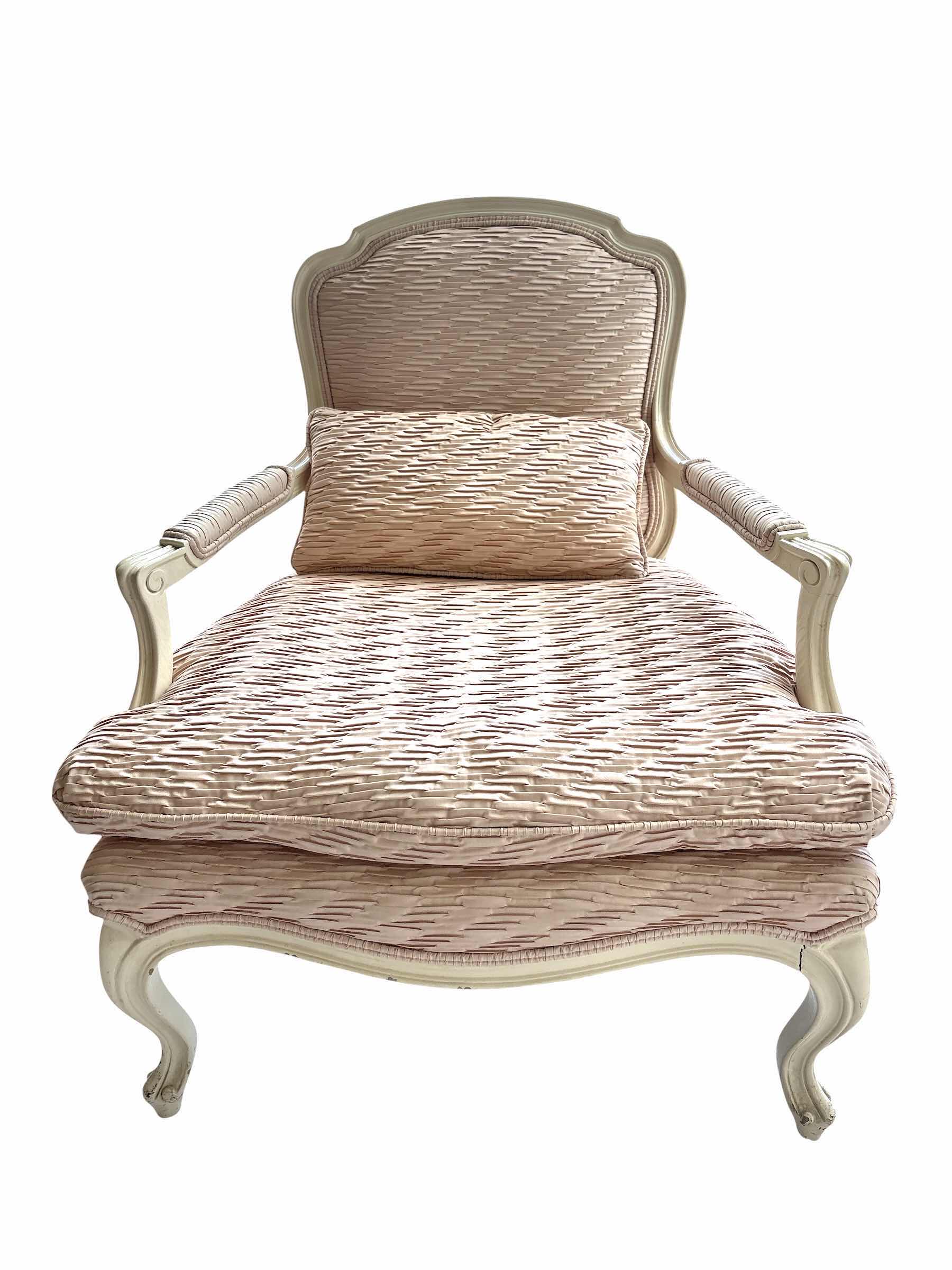 Photo 1 of FRENCH LOUIS XV ARMCHAIR W DISTRESSED WHITE PAINTED WOODEN FRAME AND PLEATED LIGHT PINK FABRIC SEAT HEIGHT 17” & 34”