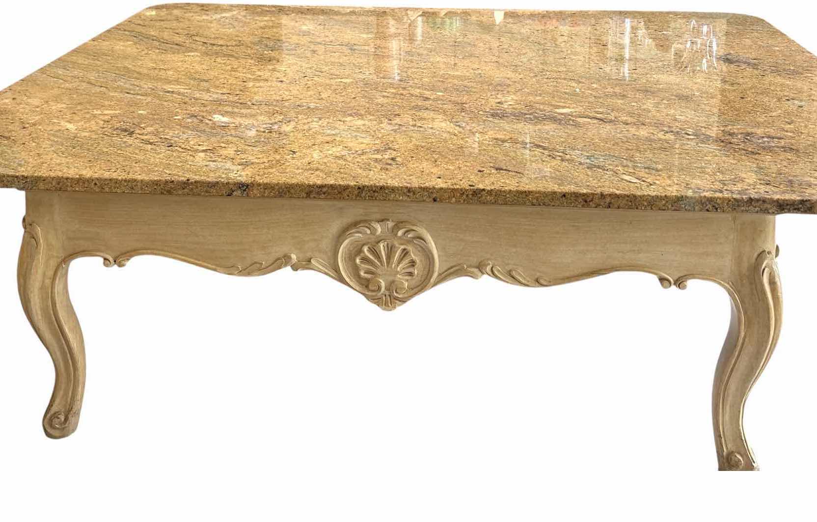 Photo 1 of FRENCH PROVINCIAL STYLE COFFEE TABLE W GRANITE TOP & DISTRESSED CARVED WOODEN BASE 55”X42”H16.5”