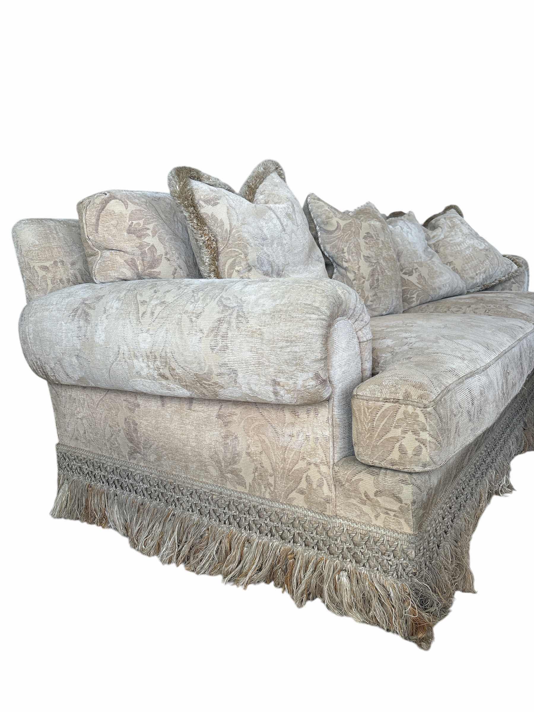 Photo 1 of VINTAGE UPHOLSTERED CREAM DAMASK FABRIC W FRINGED THROW PILLOWS SOFA 86”X40H32”