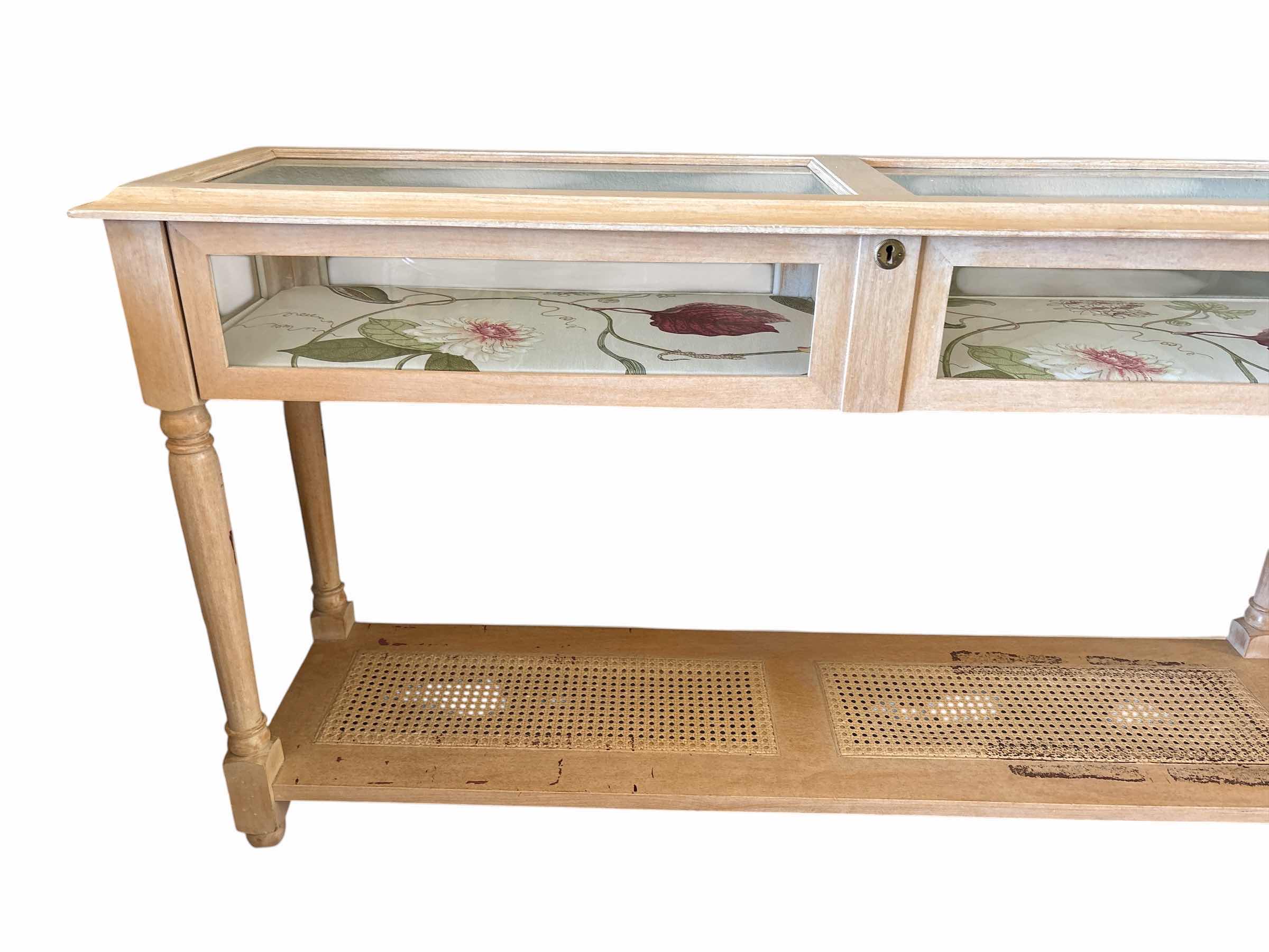 Photo 1 of VINTAGE LIGHT WOOD CONSOLE TABLE W GLASS TOP AND WOVWN RATTAN LOWER SHELF 53”X15”H29” $