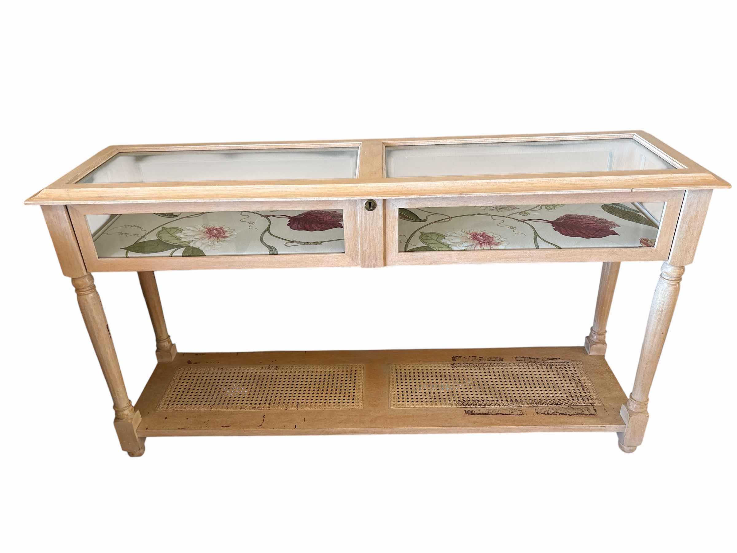 Photo 1 of VINTAGE LIGHT WOOD CONSOLE TABLE W GLASS TOP AND WOVWN RATTAN LOWER SHELF 53”X15”H29” $