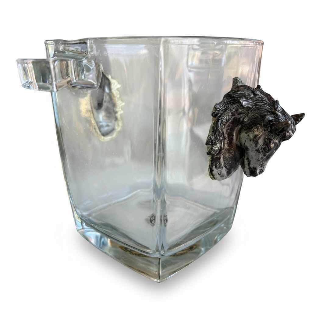 Photo 1 of VINTAGE GLASS ICE BUCKET WITH POLISHED PEWTER HORSE HEADS H6” $450