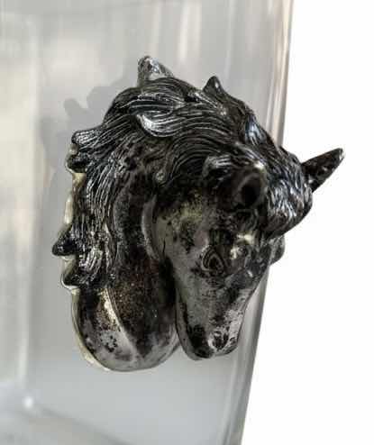 Photo 1 of VINTAGE GLASS ICE BUCKET WITH POLISHED PEWTER HORSE HEADS H6” $450