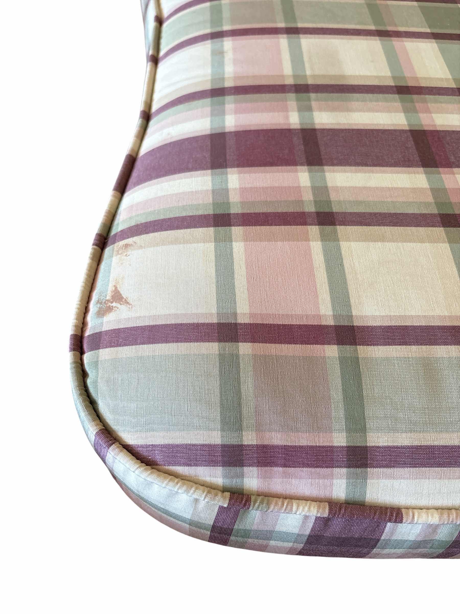 Photo 1 of VINTAGE SKIRTED OTTOMAN W PINK,GREEN, & CREAM PLAID FABRICS AND TASSELED FRINGE TRIM 32.5”X23.5”H16”