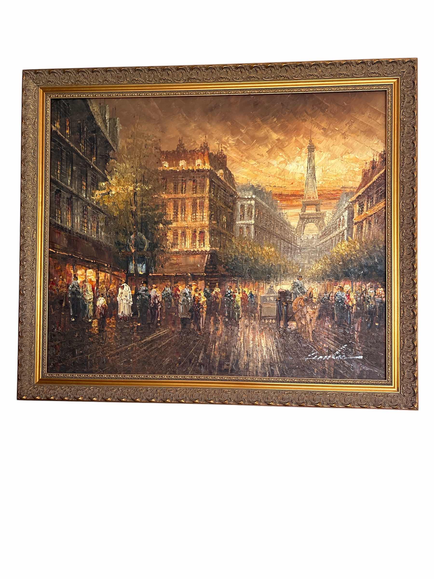 Photo 1 of VINTAGE FRAMED ART ORIGINAL SIGNED FRAMED ART PARISIAN STREET SCENE W EIFFEL TOWER OIL PAINTING SIGNED 28”X24”
