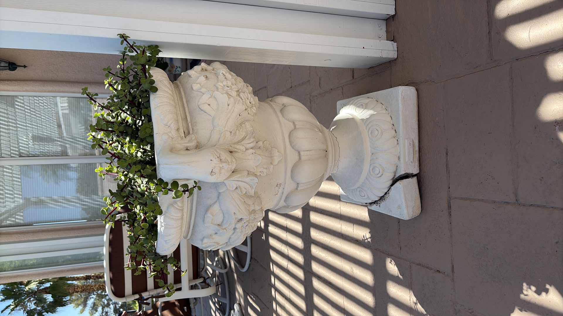 Photo 1 of FRENCH STONE FLORAL MOTIF COMPOSITE PLANTER W LIVE PLANTS H29.5”