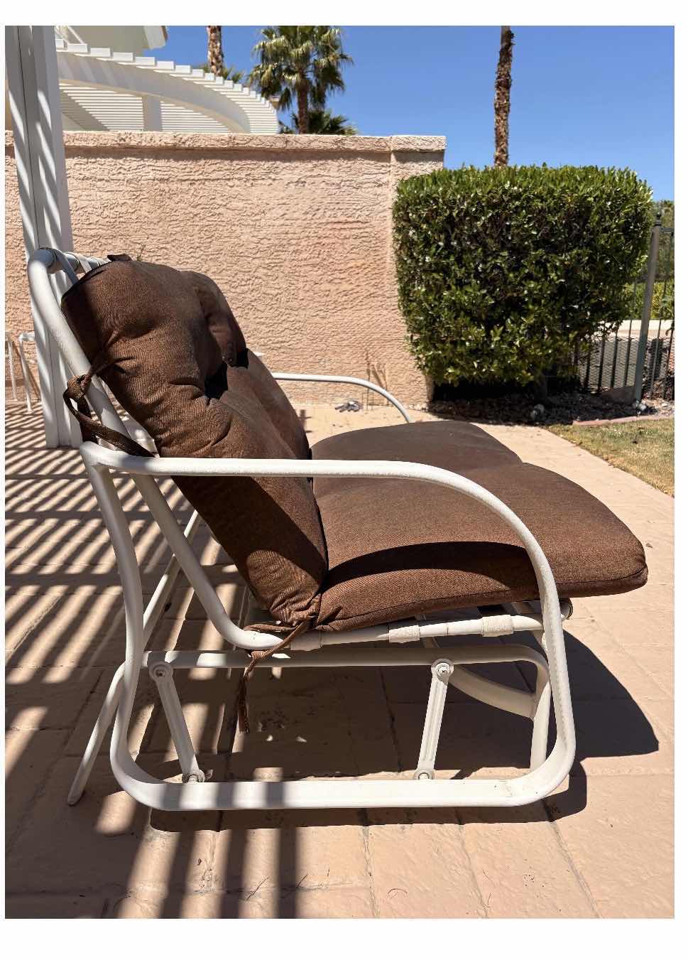 Photo 1 of WOODARD FREMONT OUTDOOR WHITE ALUMINUM GLIDER LOVESEAT W BROWN PATIO CUSHIONS 46”X22”H34” $1725