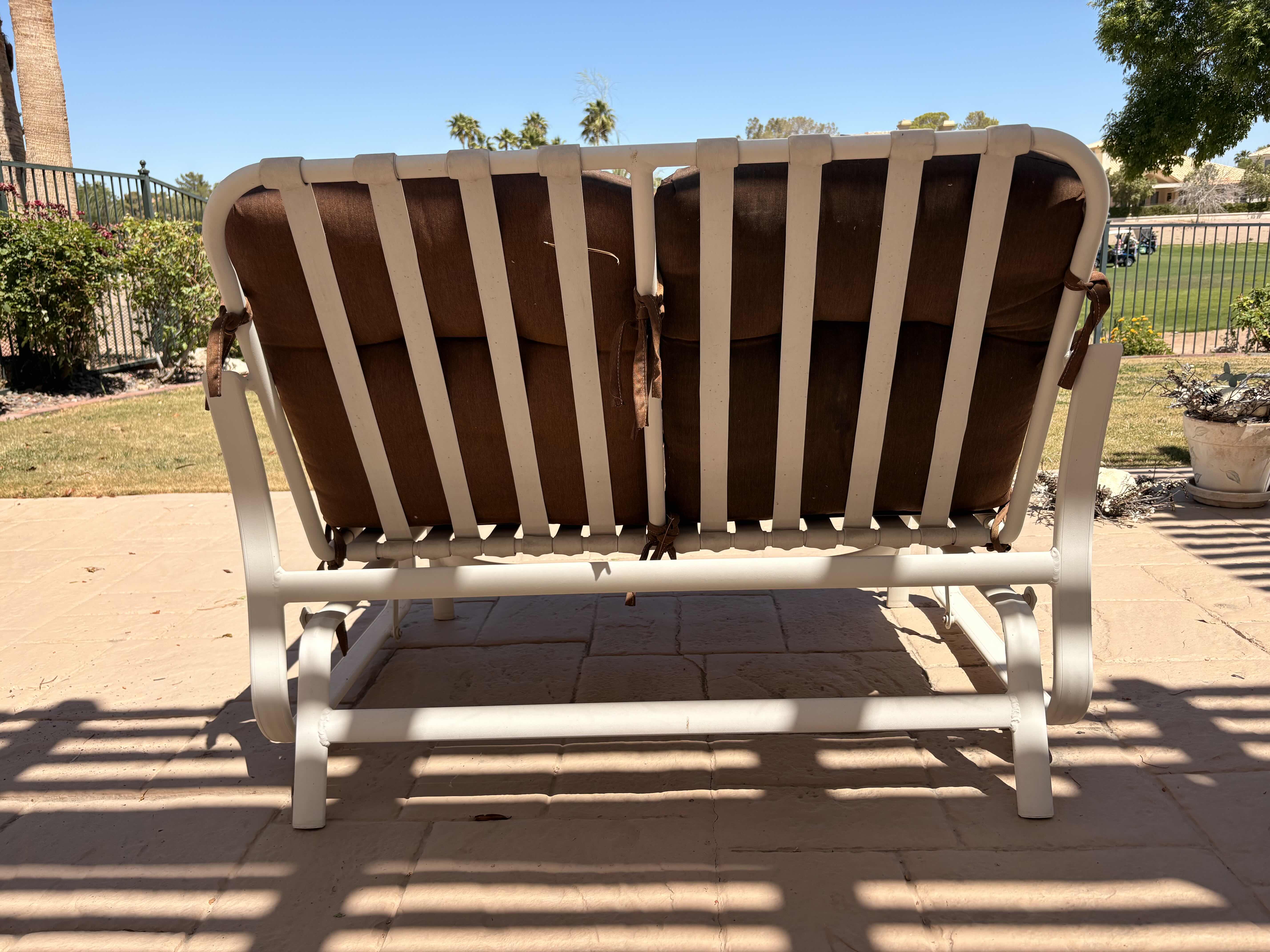 Photo 1 of WOODARD FREMONT OUTDOOR WHITE ALUMINUM GLIDER LOVESEAT W BROWN PATIO CUSHIONS 46”X22”H34” $1725