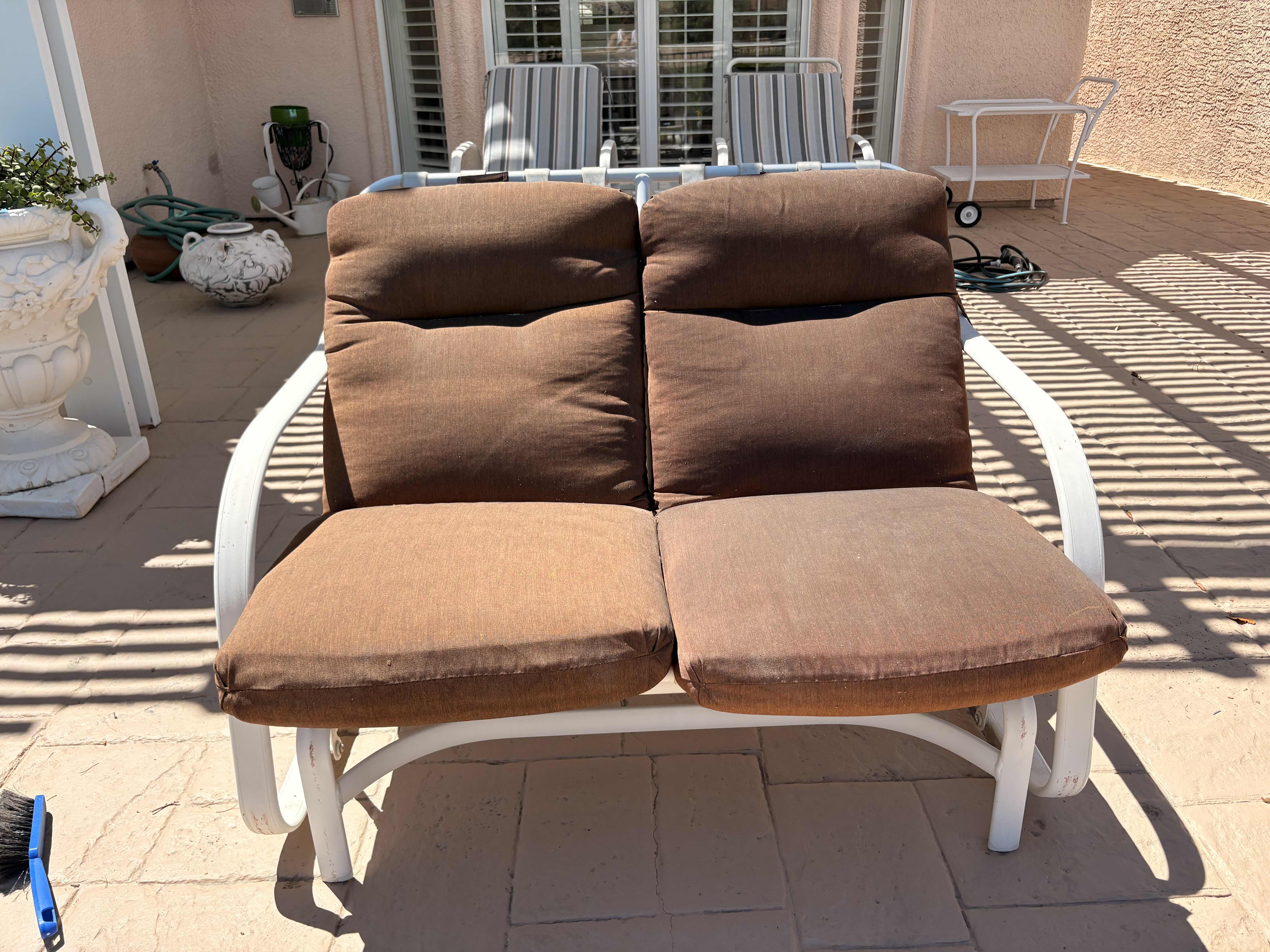 Photo 1 of WOODARD FREMONT OUTDOOR WHITE ALUMINUM GLIDER LOVESEAT W BROWN PATIO CUSHIONS 46”X22”H34” $1725