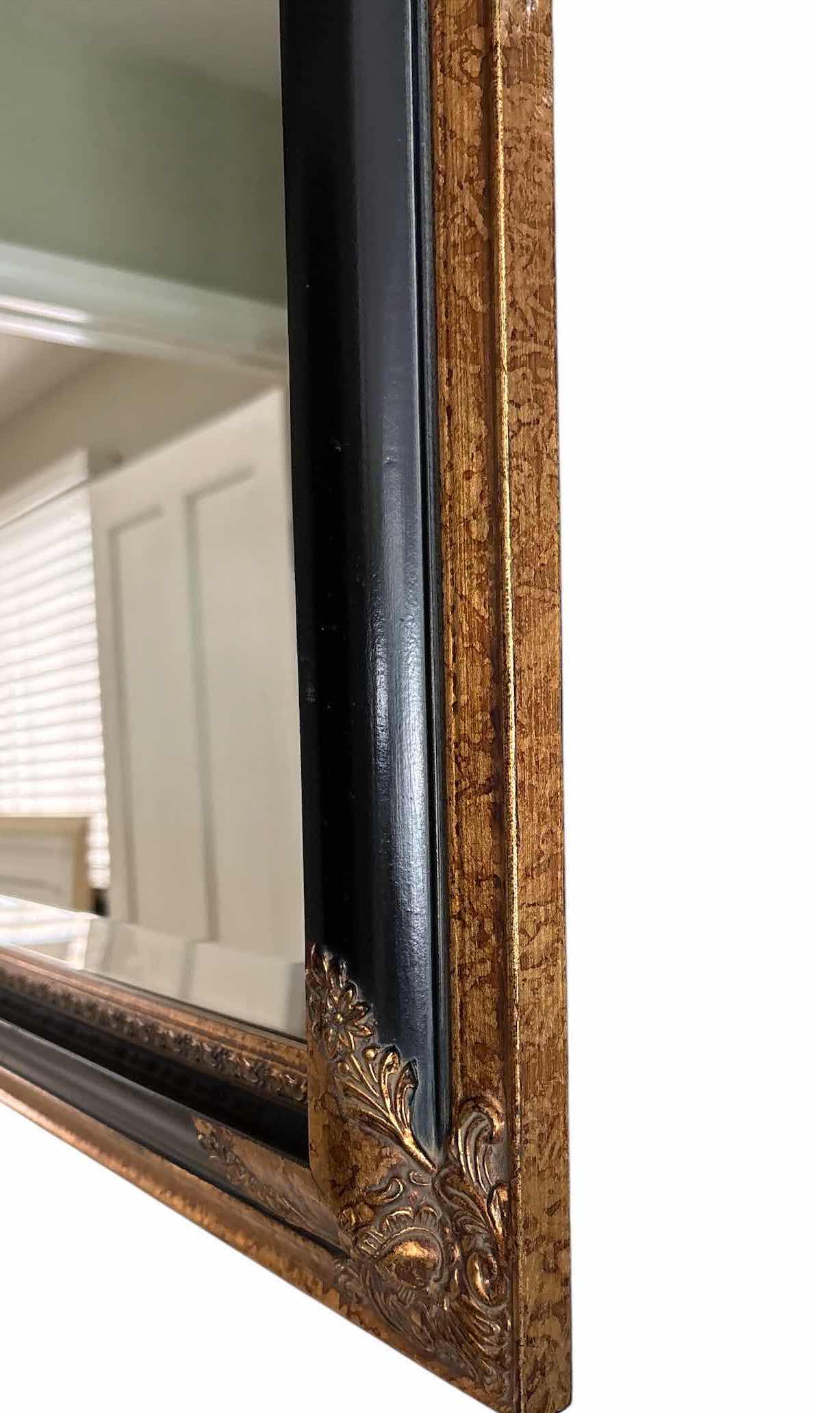 Photo 1 of VINTAGE ORNATE RECTANGULAR WALL MIRROR W CLASSIC BLACK AND GOLD FRAME 33.5”X27.5”