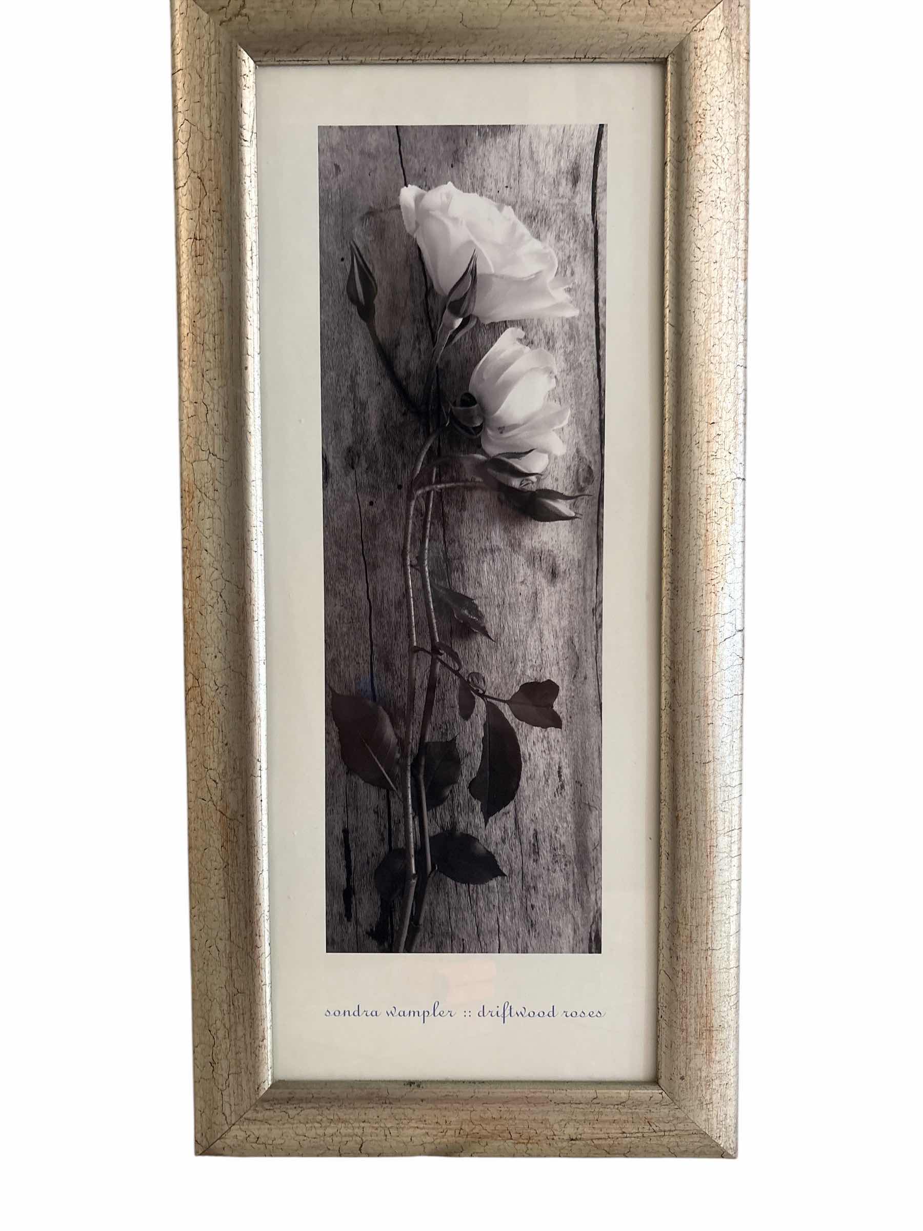 Photo 1 of FRAMED ART FLORAL PRINT TITLED “SANDRA SAMPLER: DRIFTWOOD ROSES” IN BRUSHED SILVER FRAME 10”X22” $597