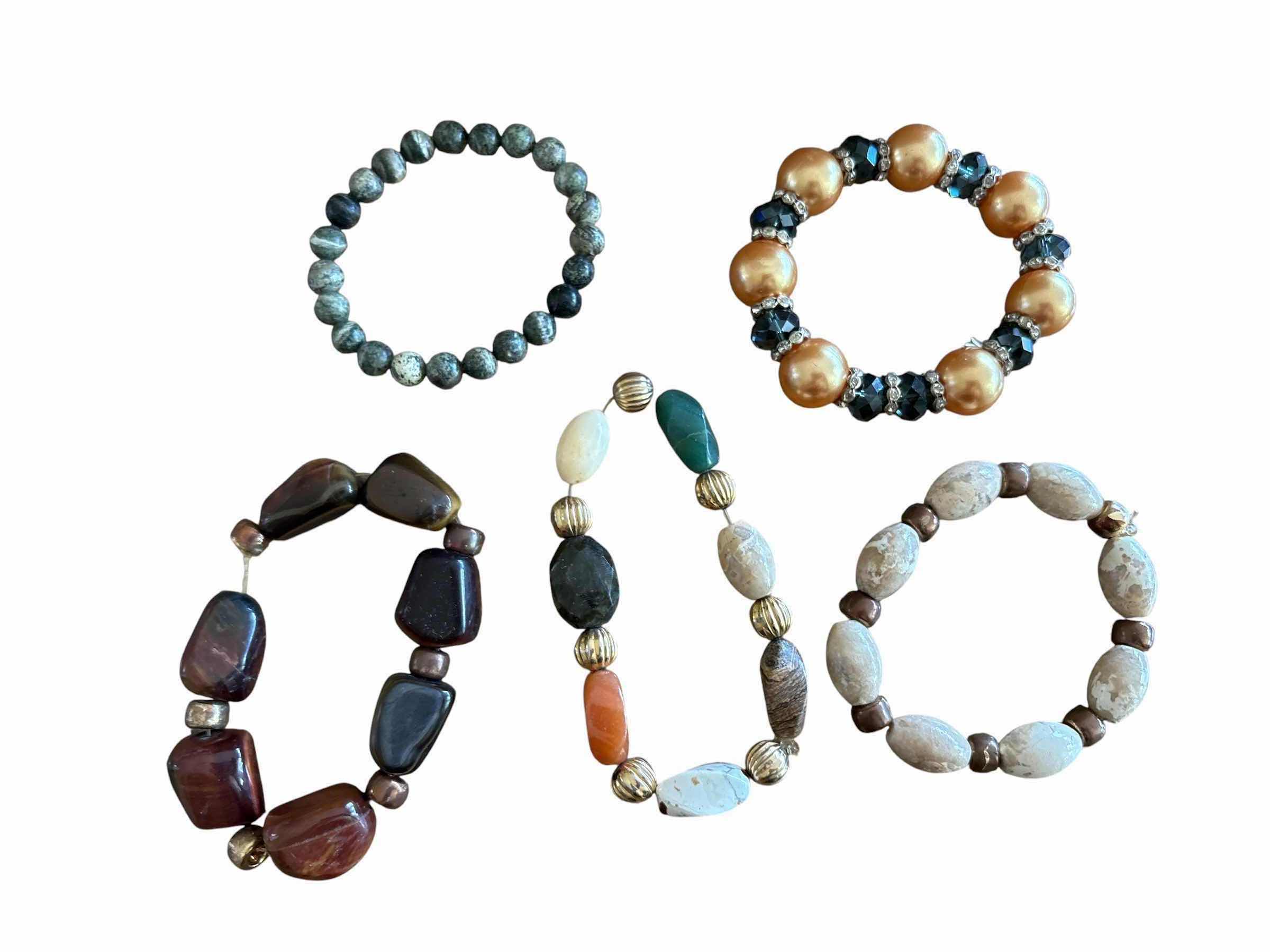 Photo 1 of (5)PCS FASHION JEWELRY BEADED GEMSTONE STRETCH BRACELETS-JASPER AND TIGER'S EYE