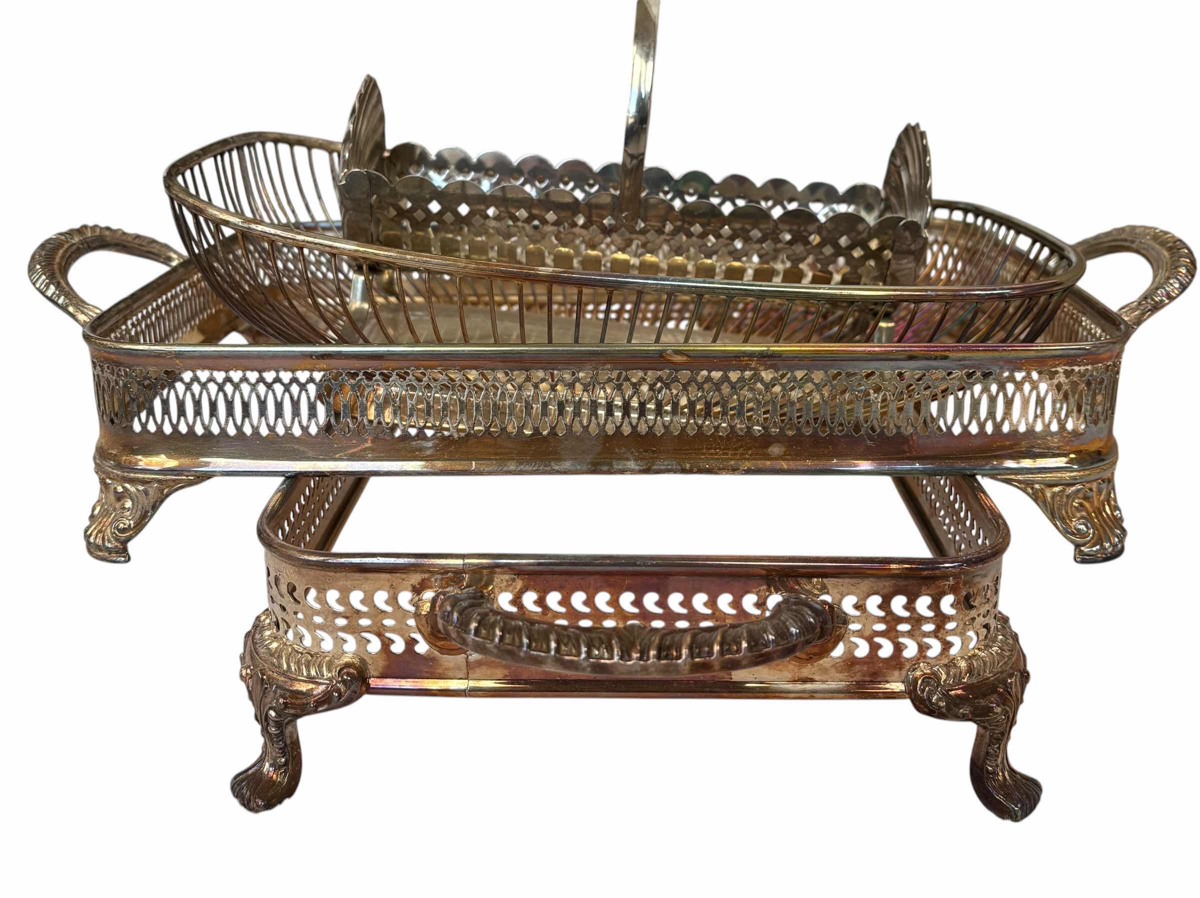 Photo 1 of VINTAGE LEONARD SILVERPLATE CRACKER CRADLE, SILVERPLATE WIRE BREAD BASKET & SILVERPLATED CASSEROLE SERVERS (2)