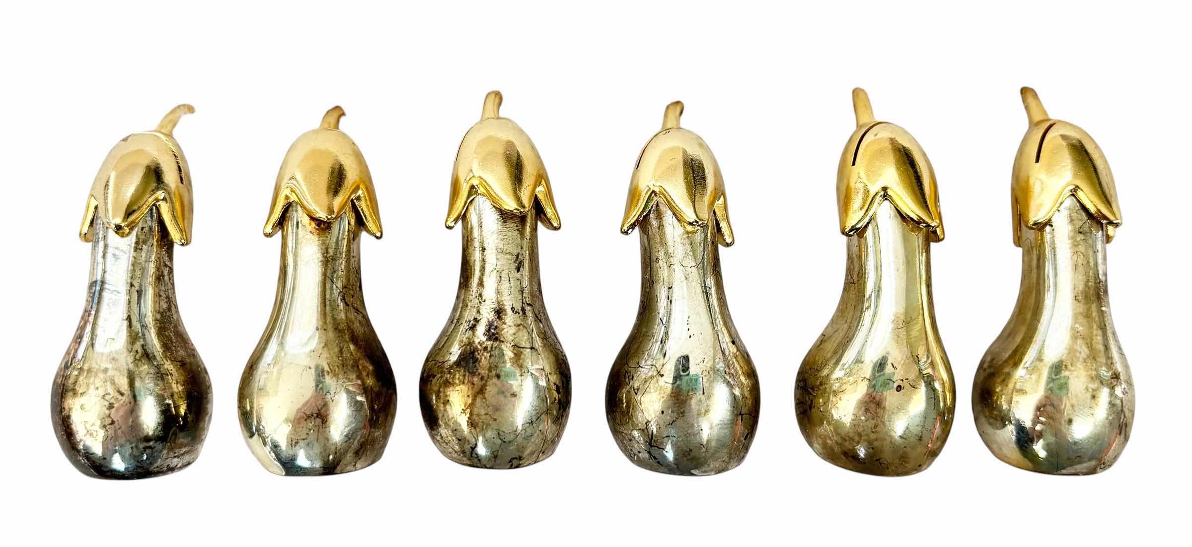 Photo 1 of VINTAGE SILVERPLATED & BRASS EGGPLANT SHAPED MINIATURE TABLE PLACE CARD HOLDERS