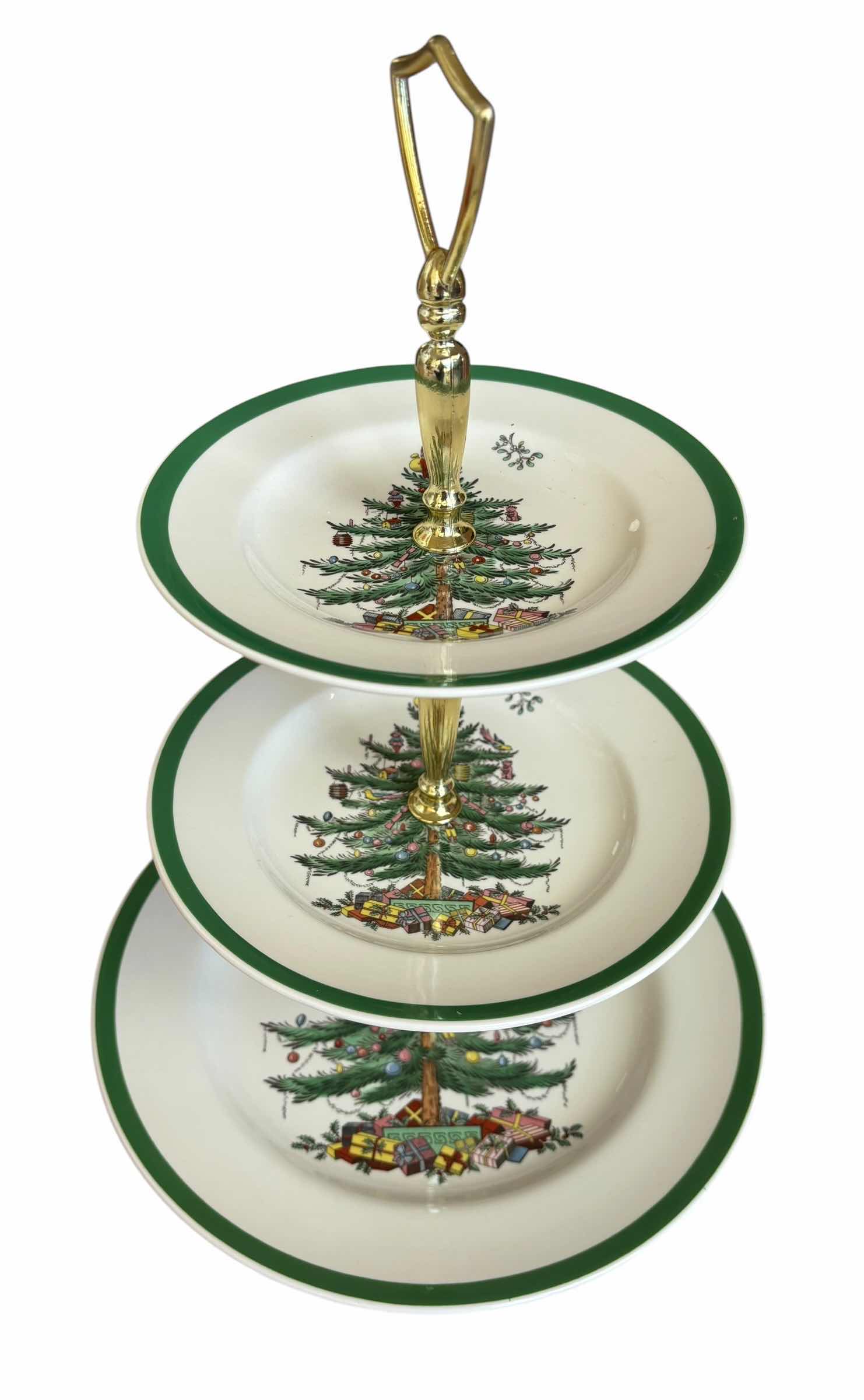 Photo 1 of SPODE CHRISTMAS TREE 3-TIER SERVING PLATTER, PIER 1 IMPORTS HAND-PAINTED DESSERT PLATE & GOLDEN DECORATIVE BOX