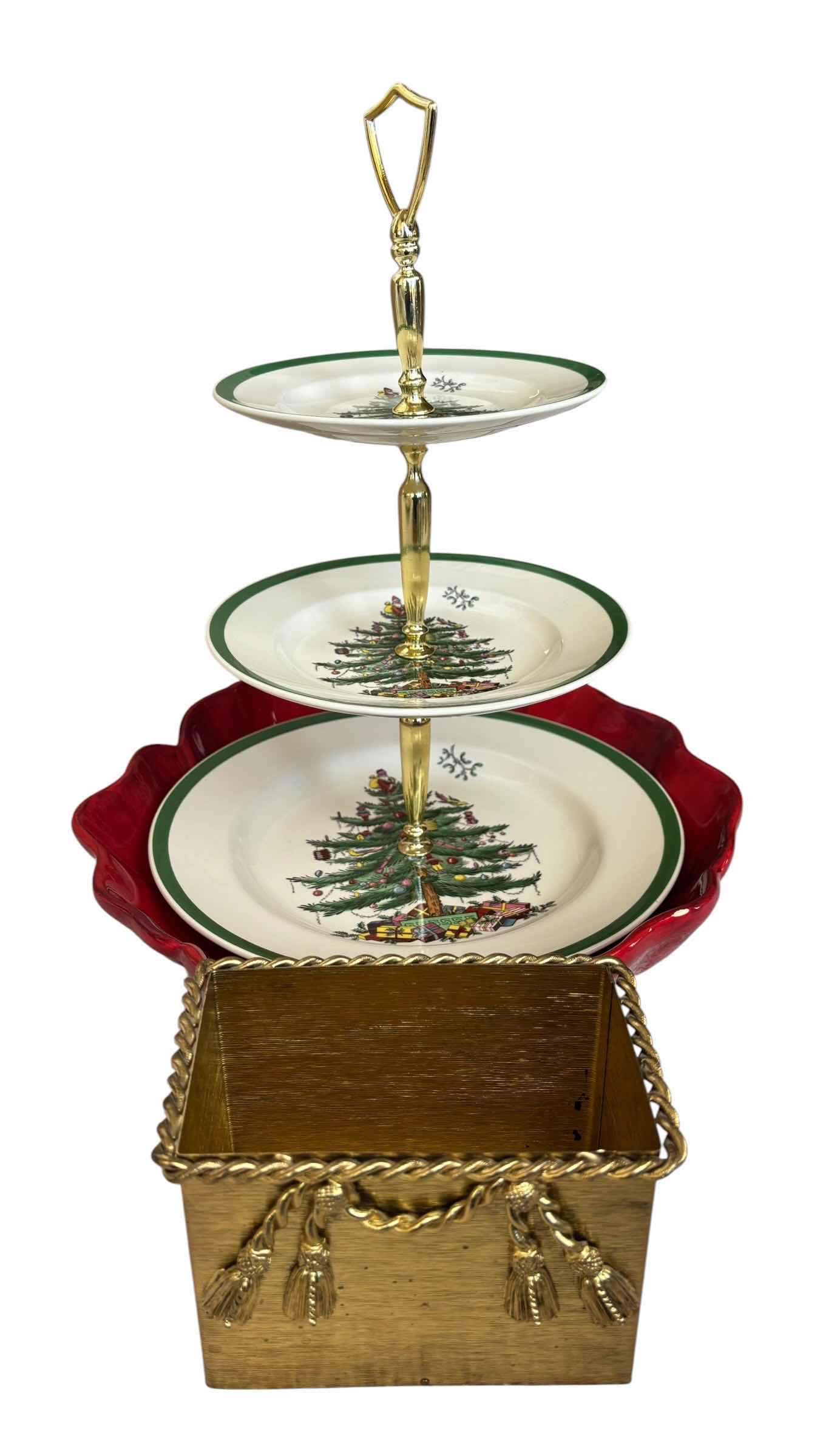 Photo 1 of SPODE CHRISTMAS TREE 3-TIER SERVING PLATTER, PIER 1 IMPORTS HAND-PAINTED DESSERT PLATE & GOLDEN DECORATIVE BOX