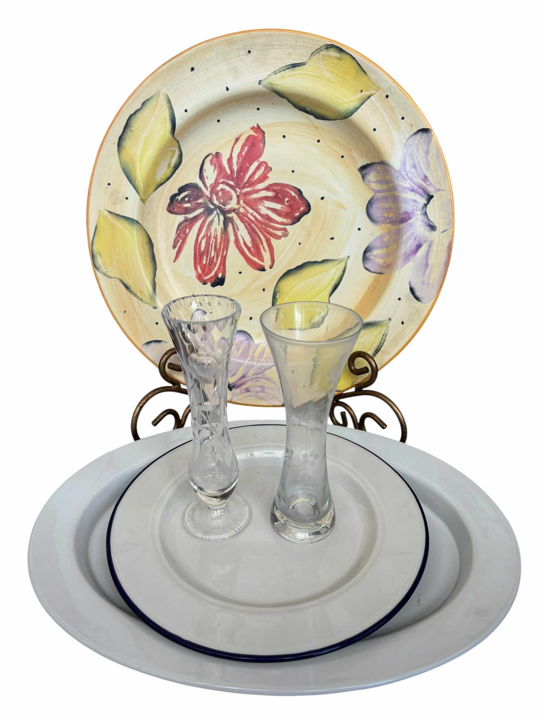 Photo 1 of ITALIAN MADE DESSERT BOWL ON STAND 16”D, SERVING DISHES (2) & BUD VASES (2)