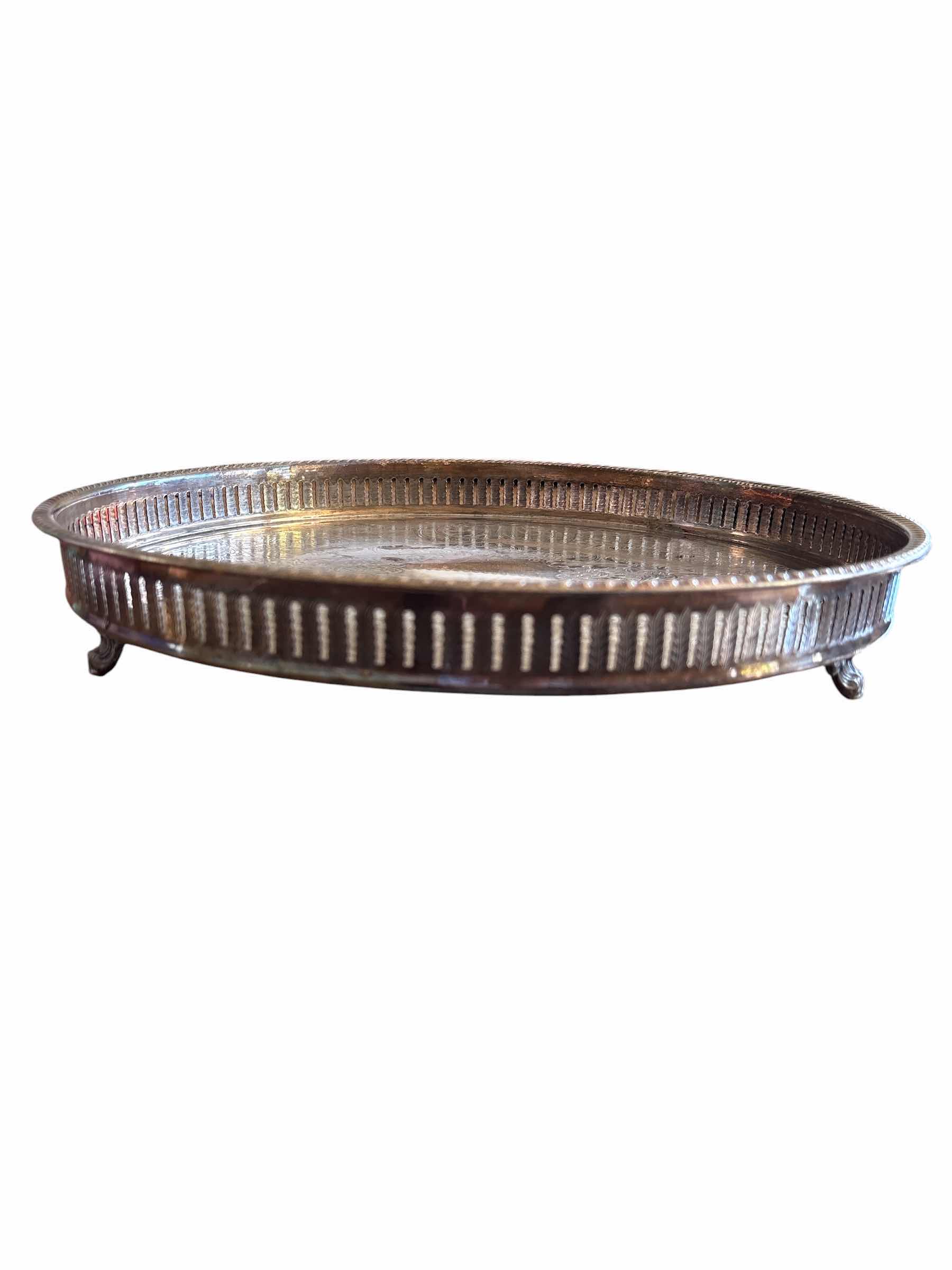 Photo 1 of LARGE ROUND SILVER PLATED TRAY W ENGRAVING H15"