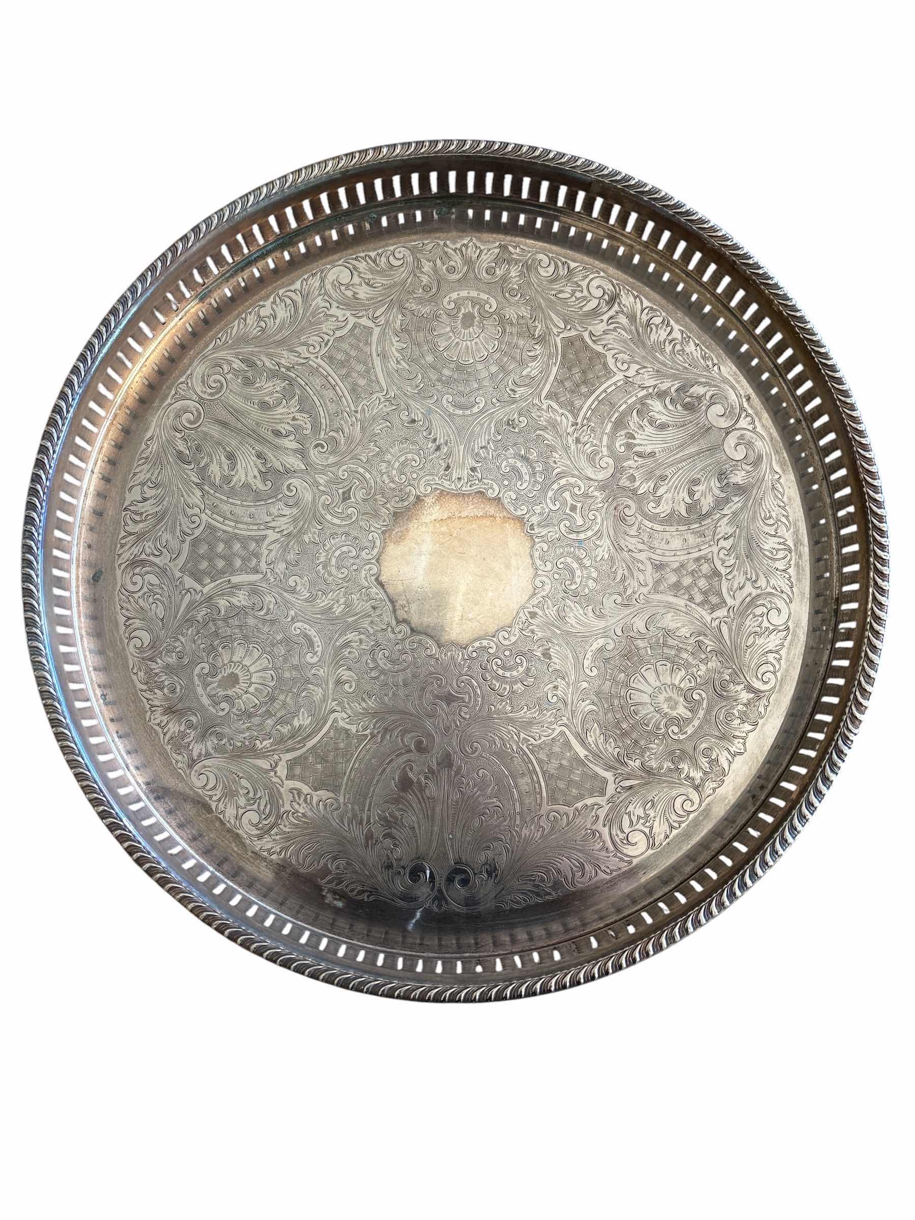 Photo 1 of LARGE ROUND SILVER PLATED TRAY W ENGRAVING H15"