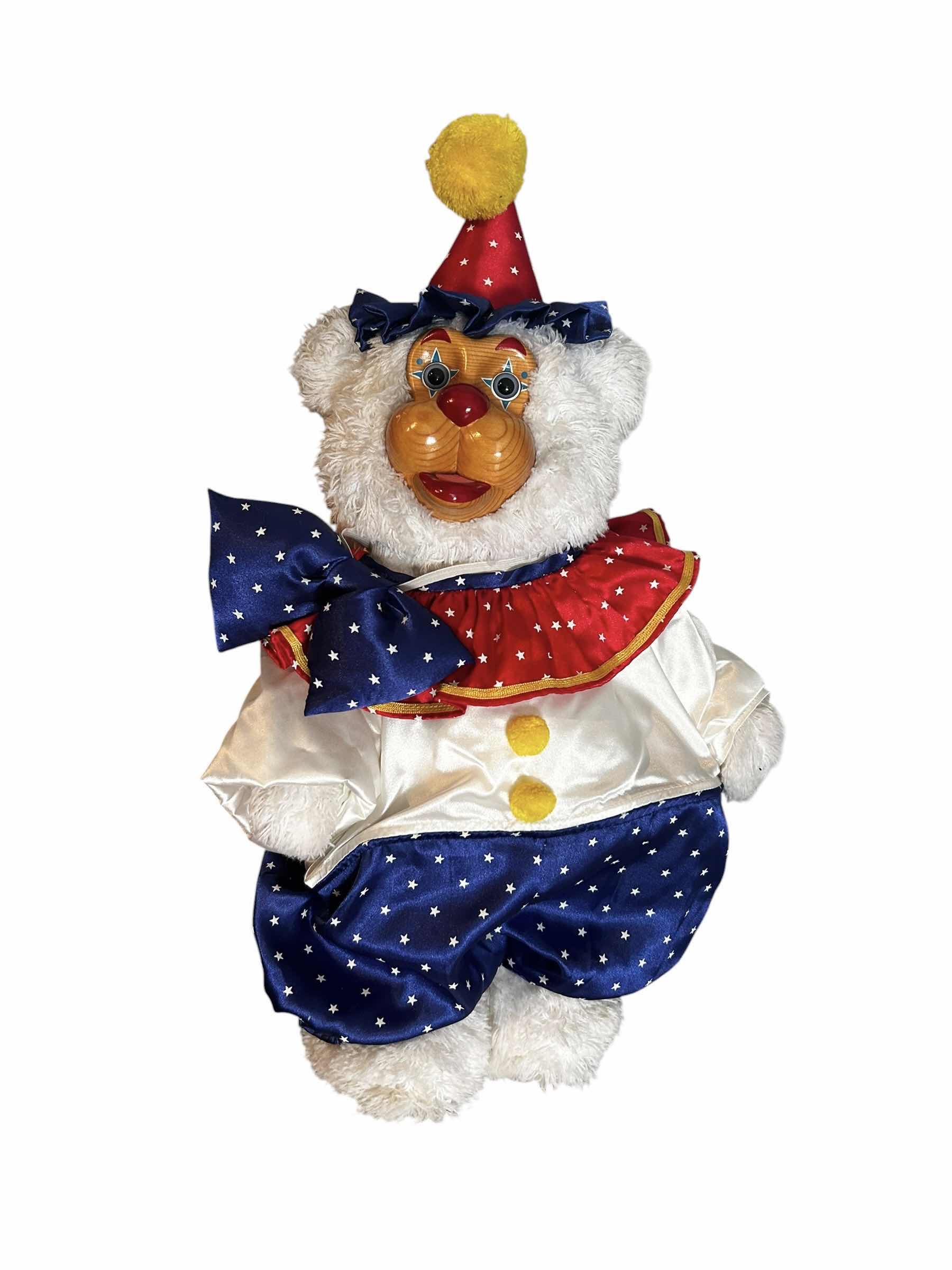 Photo 1 of VINTAGE 1993 ROBERT RAIKES ORIGINAL "BAILEY BEAR" CIRCUS CLOWN, FEATURING A DISTINCTIVE CARVED WOODEN FACE AND COLORFUL PLUSH BODY H 24"