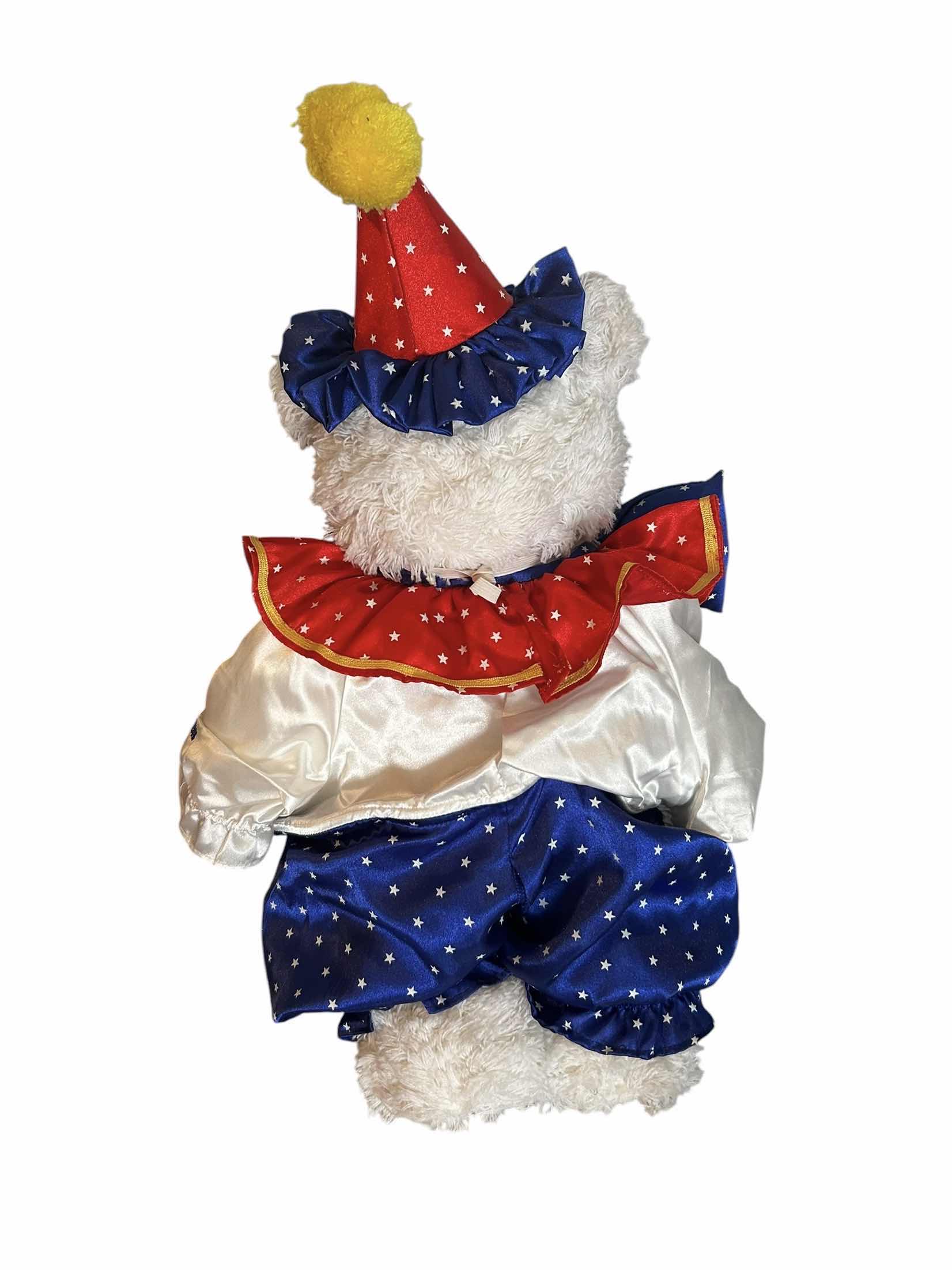 Photo 1 of VINTAGE 1993 ROBERT RAIKES ORIGINAL "BAILEY BEAR" CIRCUS CLOWN, FEATURING A DISTINCTIVE CARVED WOODEN FACE AND COLORFUL PLUSH BODY H 24"