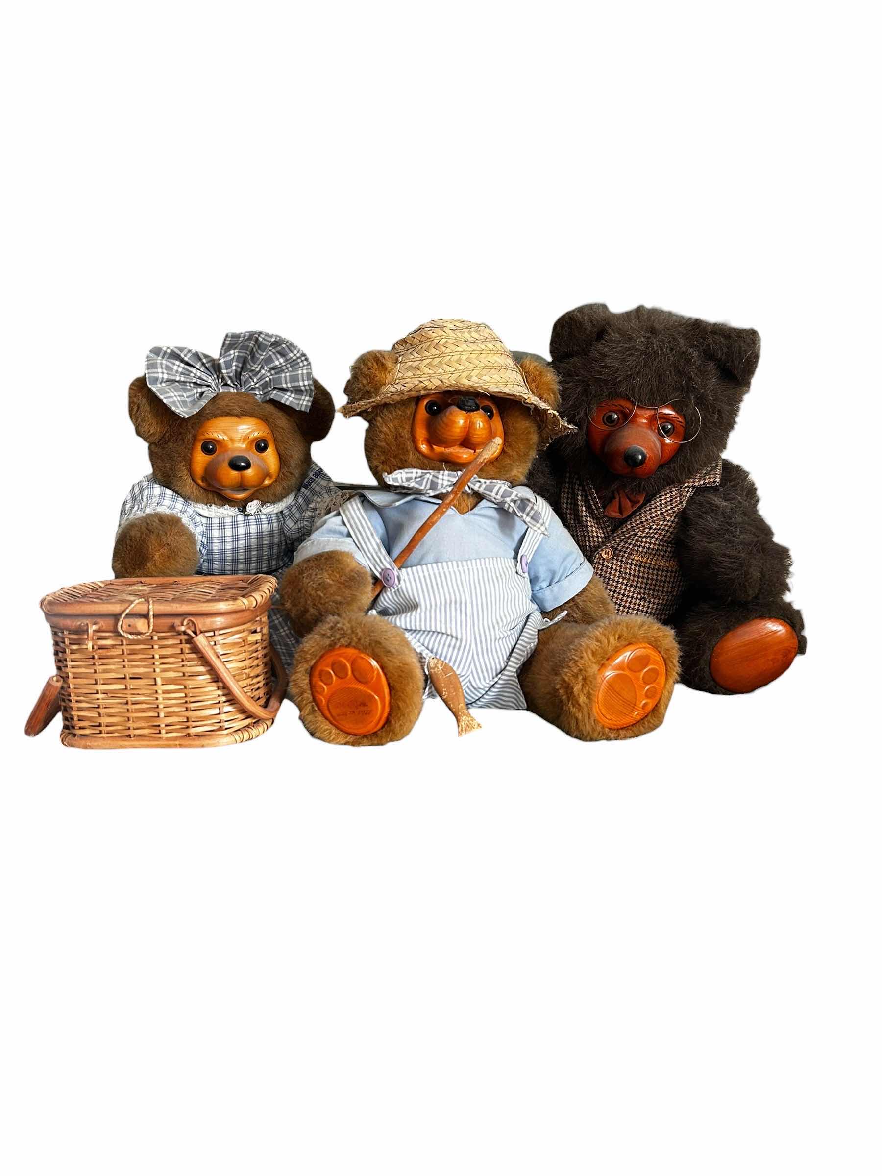 Photo 1 of VINTAGE COLLECTIBLE TEDDY BEARS BY ROBERT RAIKES A POPULAR BRAND KNOWN FOR HAND CARVED WOODEN FACES $60