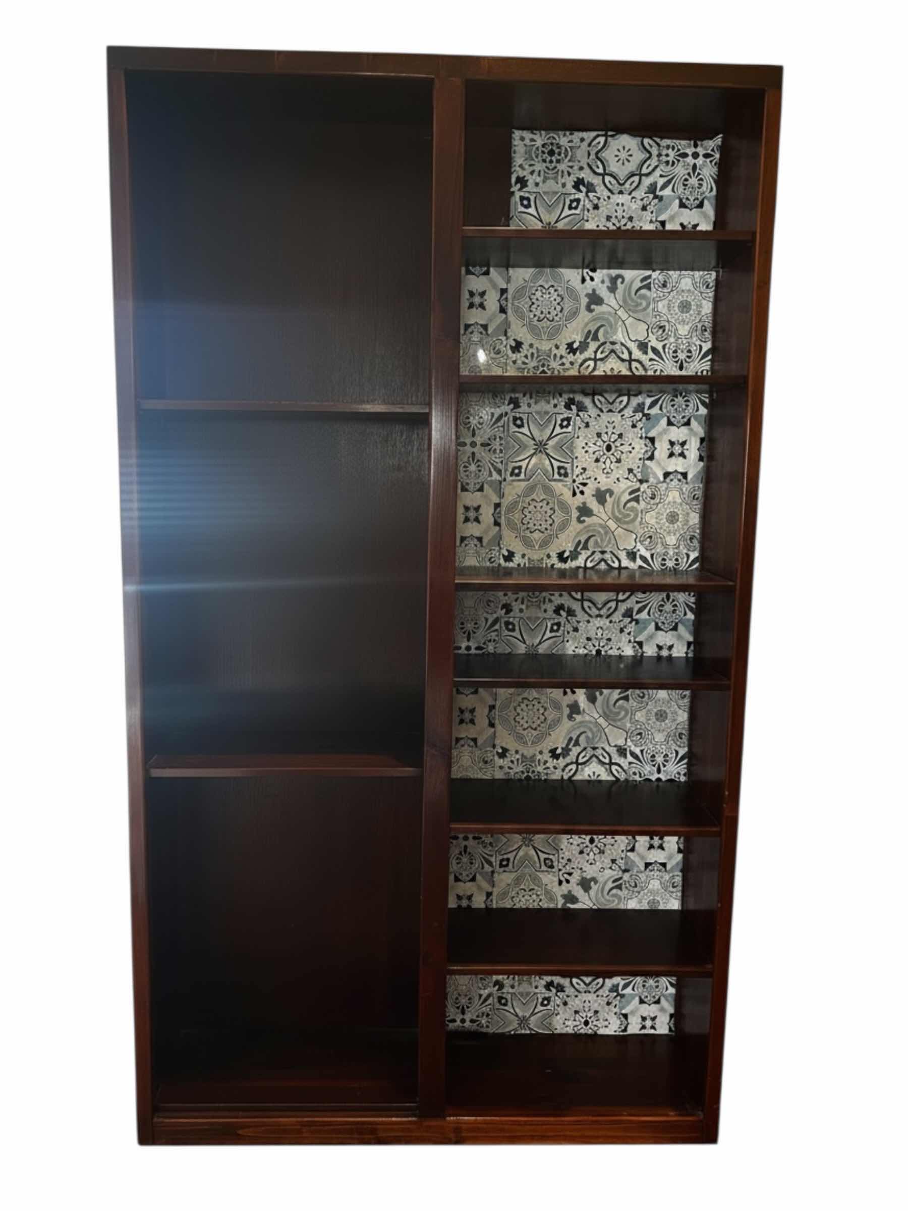 Photo 1 of TRADITIONAL WOOD DOUBLE WIDE BOOKCASE IN CHERRY FINISH FEATURING PELL OFFABLE TILE BACKGROUND (UPSTAIRS) $572 H 7'