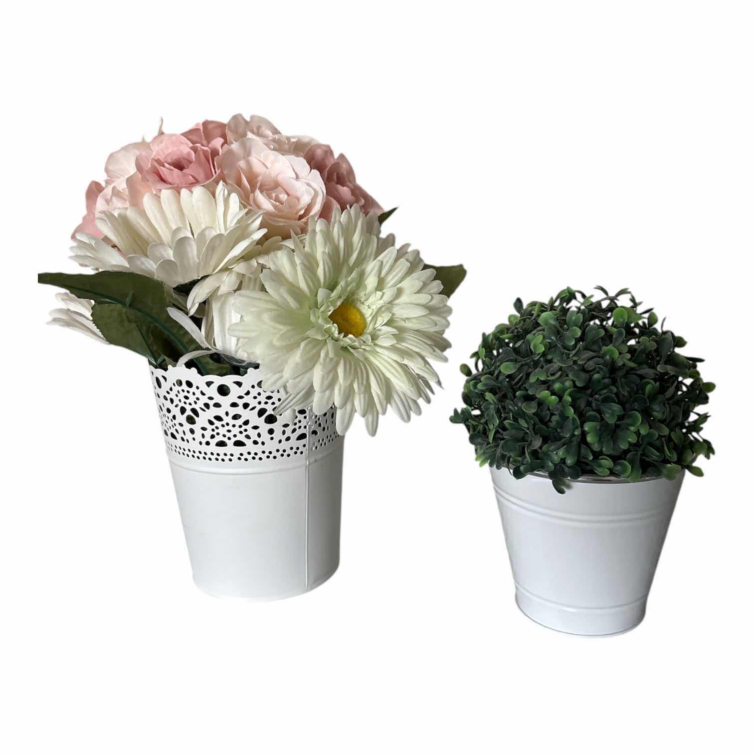Photo 1 of (3)PCS FAUX PLANTS IN WHITE BASKET AND TINS H16”