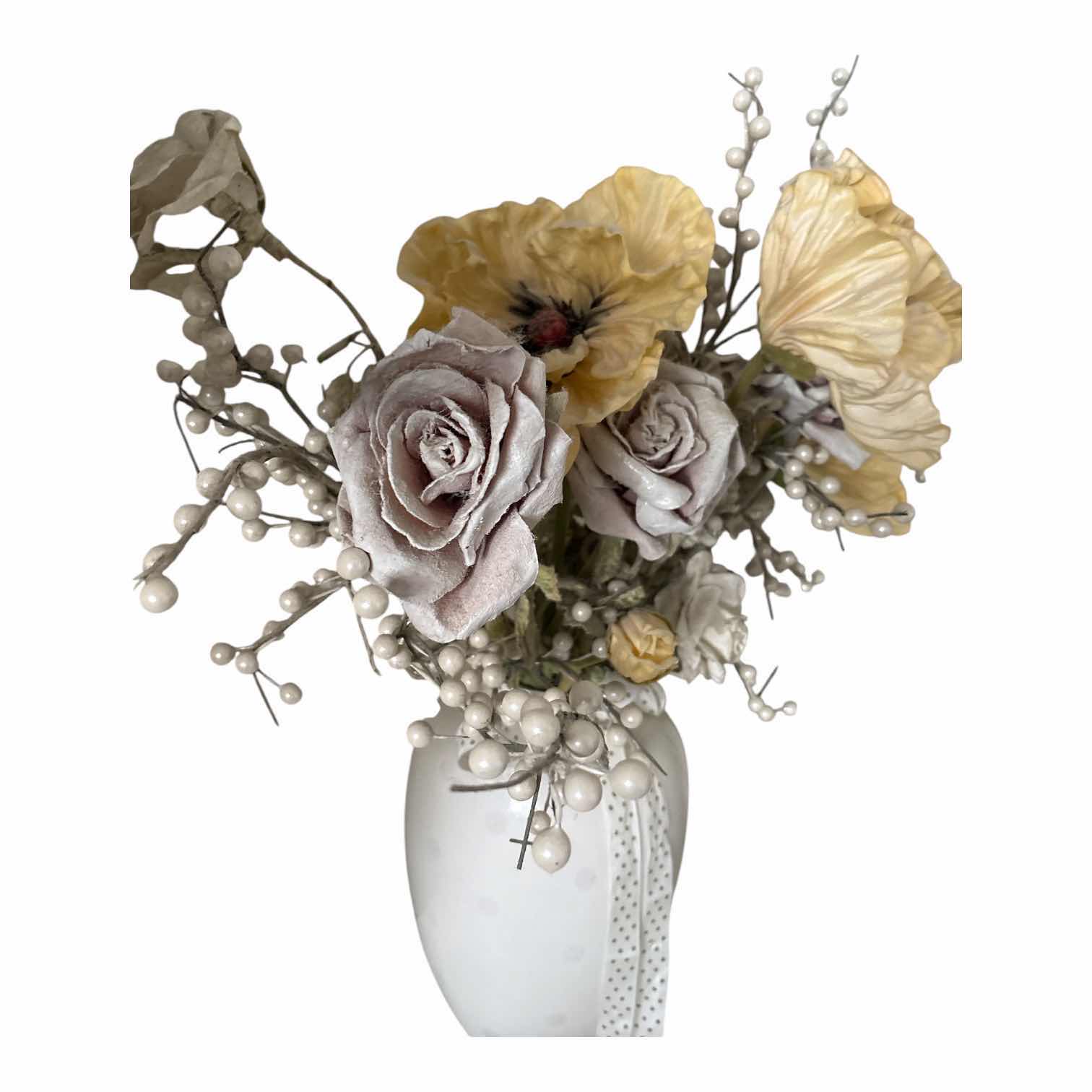 Photo 1 of WHITE AND YELLOW FAUX ROSE ARRANGEMENT IN WHITE CERAMIC VASE H21”