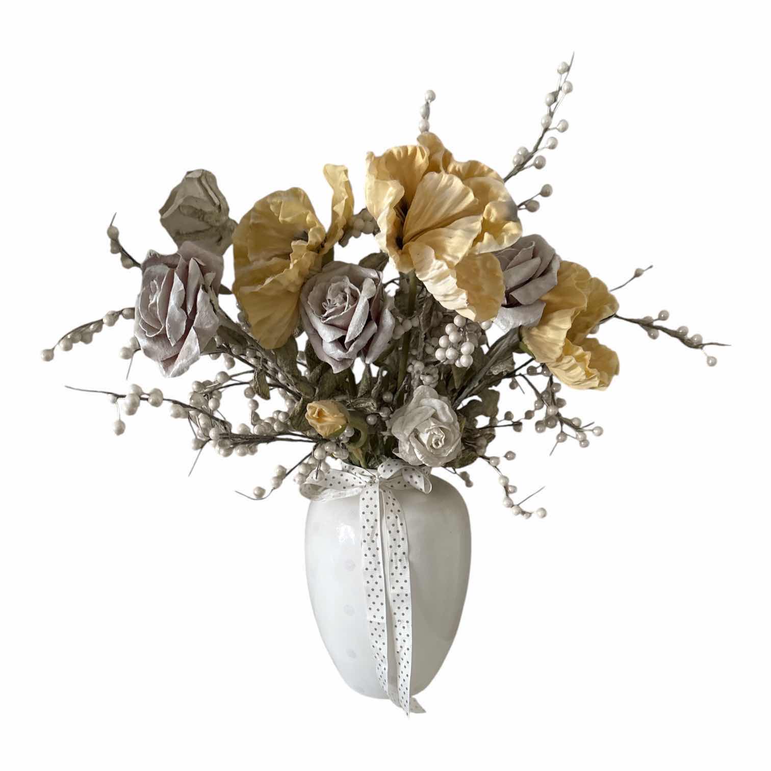 Photo 1 of WHITE AND YELLOW FAUX ROSE ARRANGEMENT IN WHITE CERAMIC VASE H21”