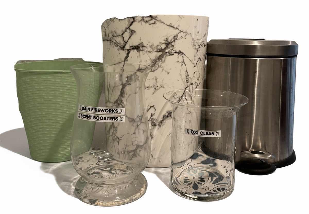 Photo 1 of TRASH CANS (3) (TALLEST 14”) & GLASS HURRICANE VASES (2)