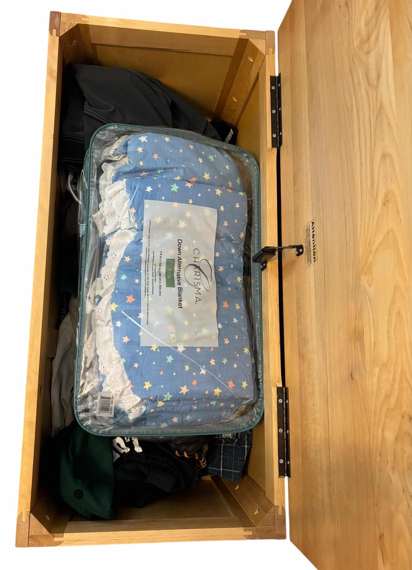 Photo 1 of WOODEN CHEST WITH CONTENTS (MEN’S CLOTHES & HOUSEHOLD LINENS) 38.5”L X 18.5”W X 20”H