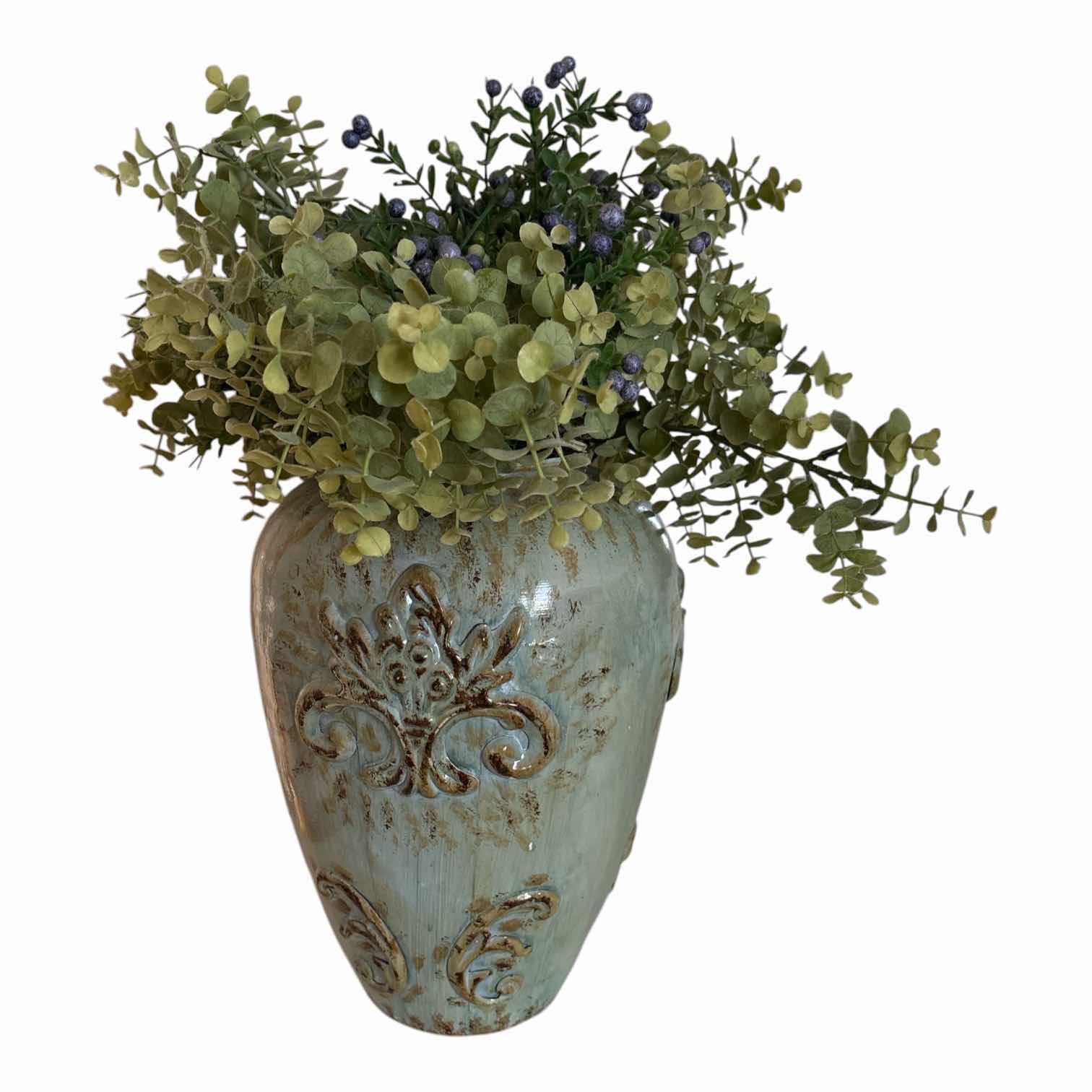 Photo 1 of (2)PCS GREEN CERAMIC VASE AND FLORAL RECTANGULAR VASE H17”
