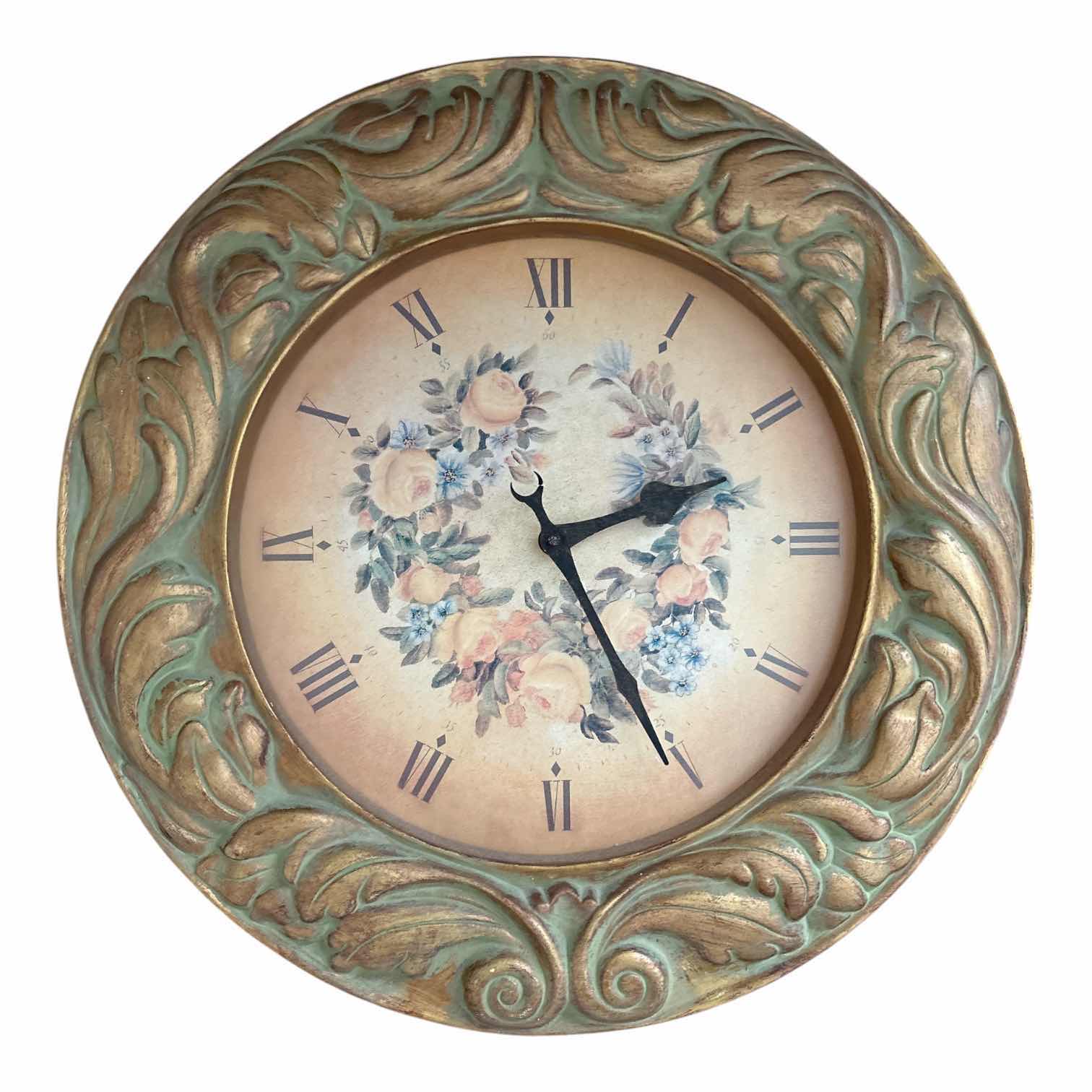 View 1 of ORNATE GREEN AND GOLD FINISH WALL CLOCK D21.5”