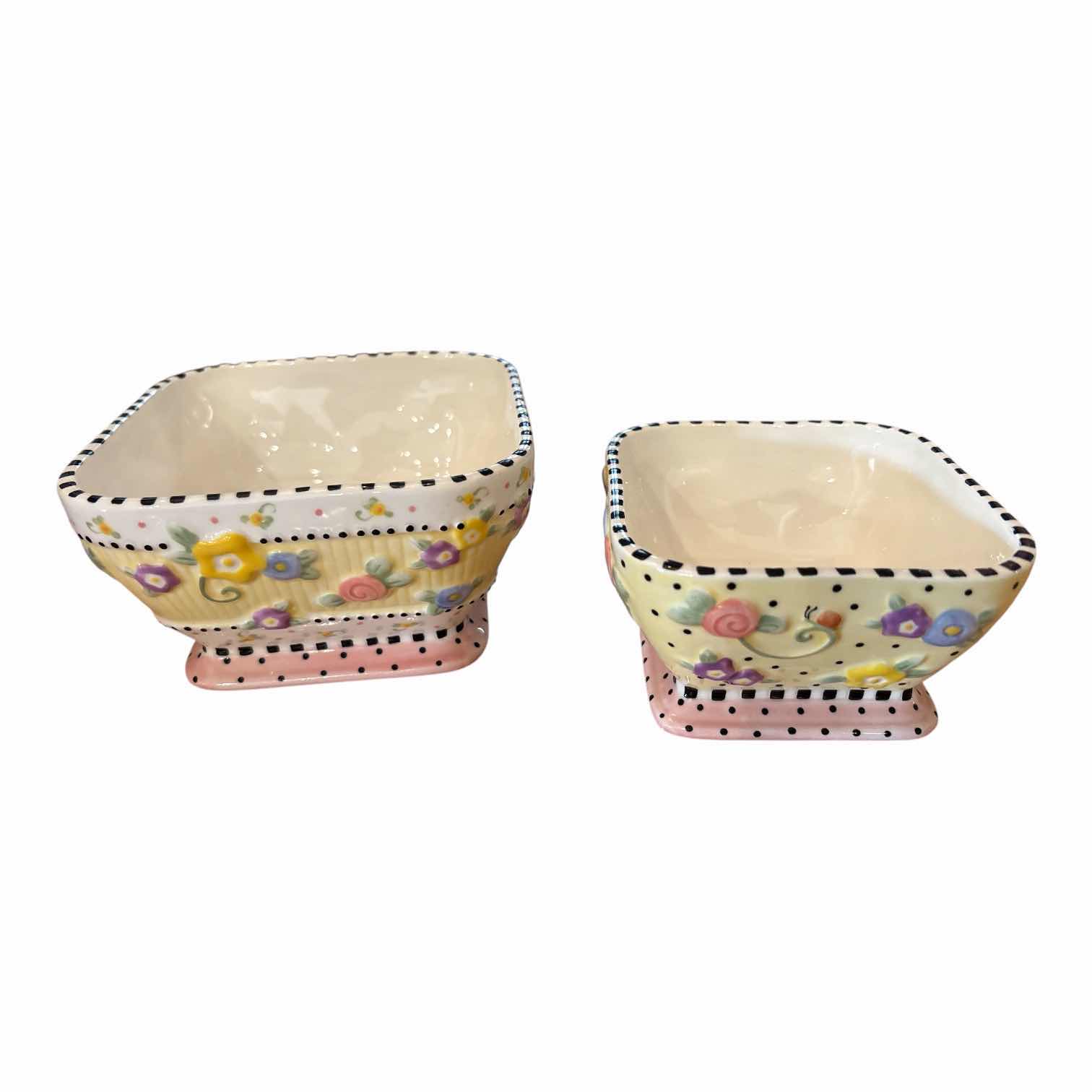 Photo 1 of (3)PCS VINTAGE MARY ENGELBREIT SQUARE CERAMIC CHIP DIP HOSTESS YELLOW GREEN FLORAL BOWL H4”