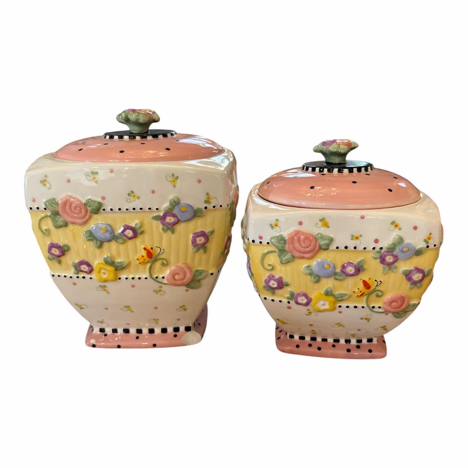 Photo 1 of (3)PCS VINTAGE MARY ENGELBREIT CERAMIC BASKET AND LIDDED JARS IN YELLOW W GREEN FLORAL PATTERNS H8.5”