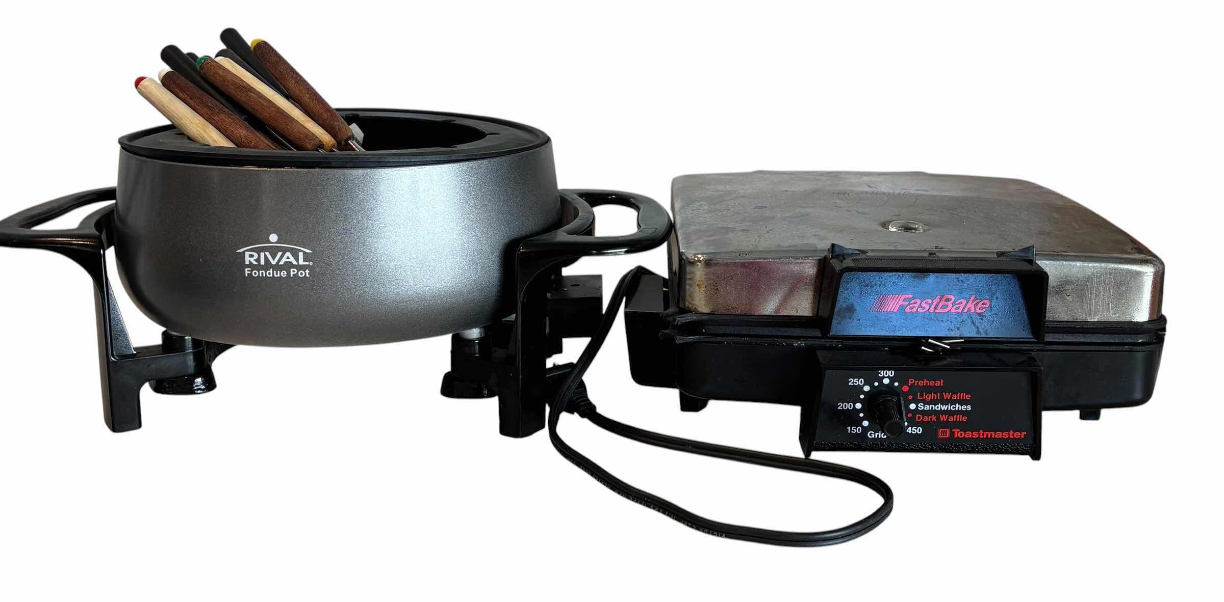Photo 1 of VINTAGE TOASTMASTER FASTBAKE WAFFLE MAKER & GRIDDLE WITH RIVAL FONDUE POT & UTENSILS $140