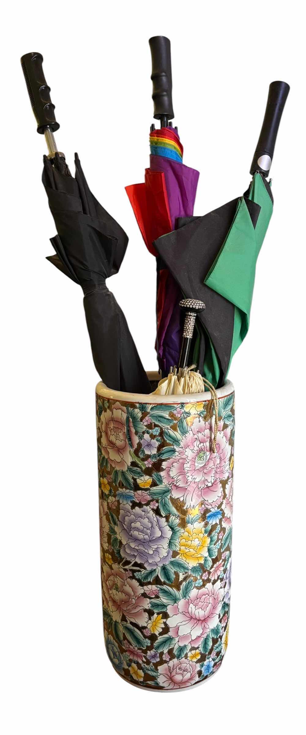 Photo 1 of VINTAGE CHINESE PORCELAIN UMBRELLA STAND WITH UMBRELLAS $800