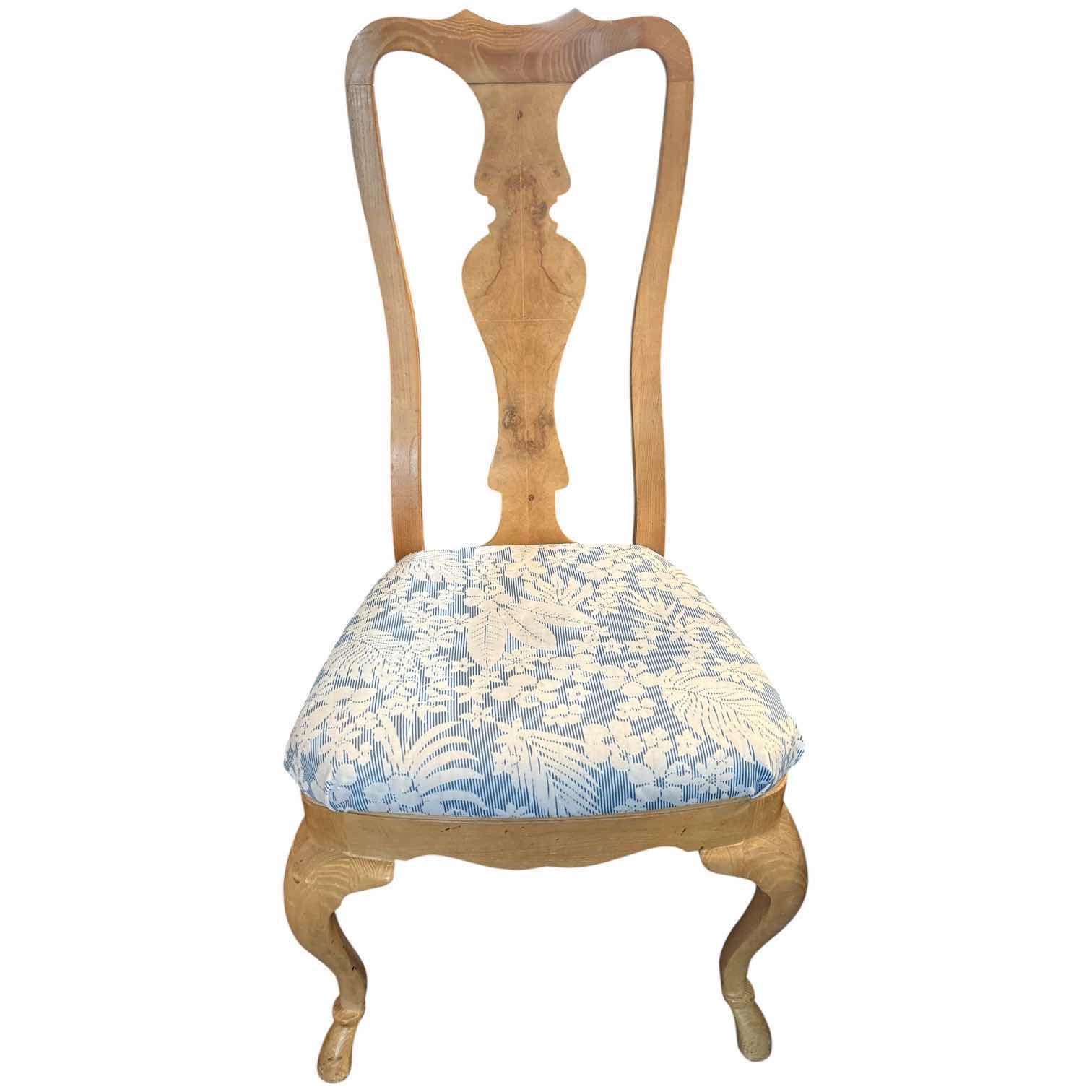 Photo 1 of DREXEL HERITAGE QUEEN ANNE BURL WOOD BACKS-PLAT SIDE CHAIR W/BLUE FLORAL UPHOLSTERY SEAT H19” TOTAL H42.5”