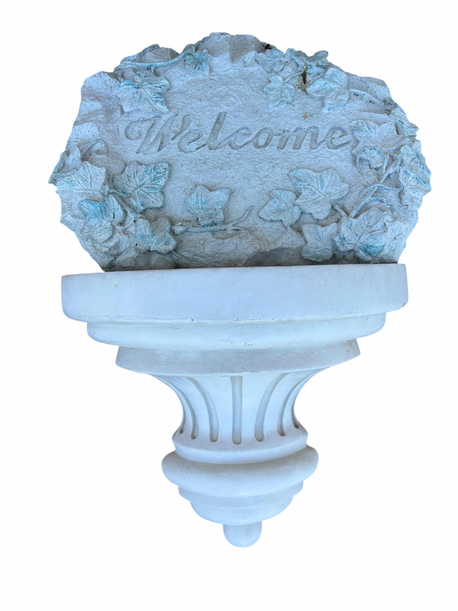Photo 1 of OUTDOOR DECOR: FLAG HOLDER STAND, STATUE, WALL SHELF WITH ATTACHED WELCOME SIGN, HIEROGLYPHICS ROCKS (ORIGIN UNKNOWN) & HIDE-A-KEY OWL FIGURINE