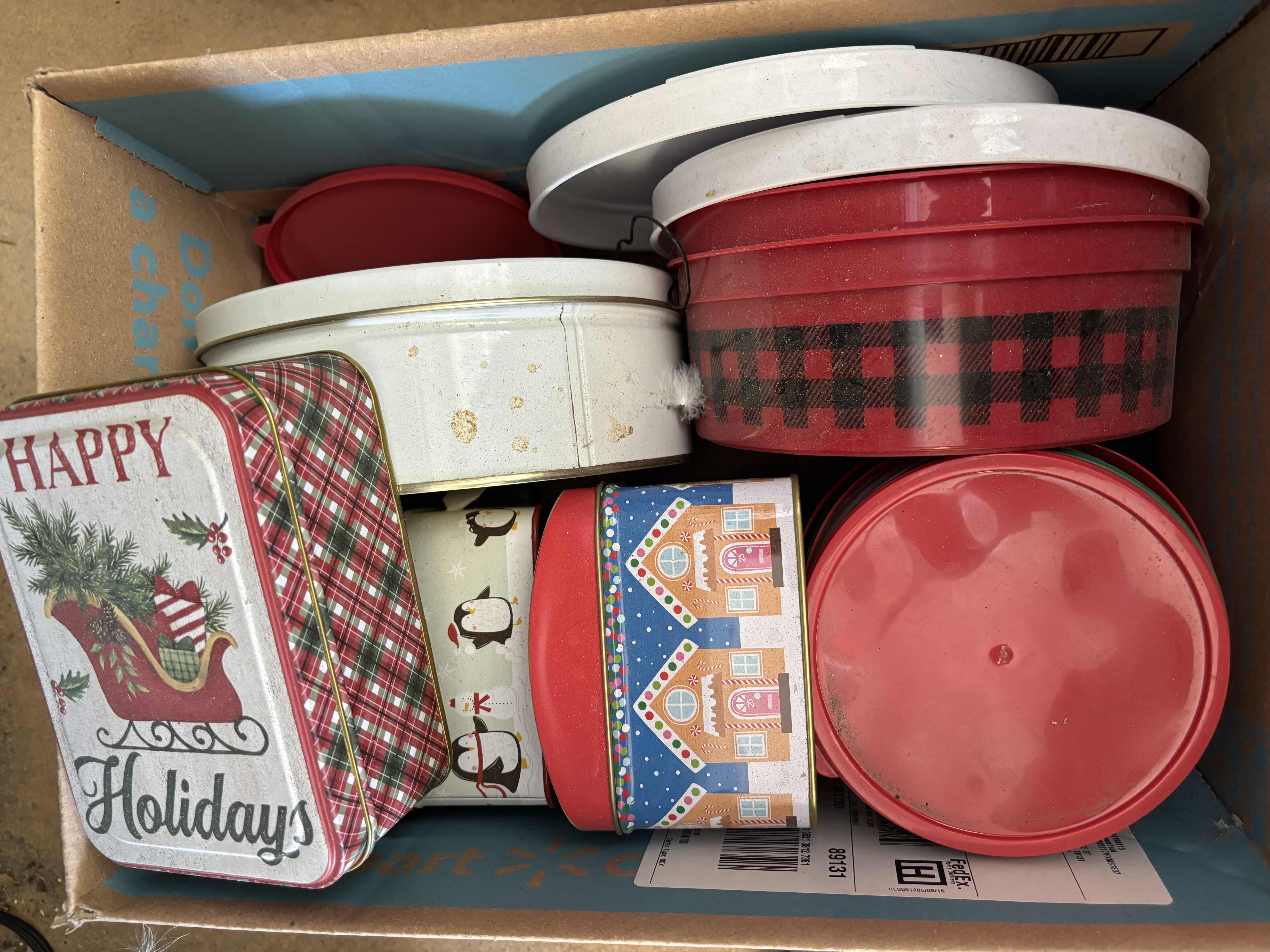 Photo 1 of CONTAINERS (2) OF CHRISTMAS DECOR, BOX OF CHRISTMAS TINS & YARD SIGNS