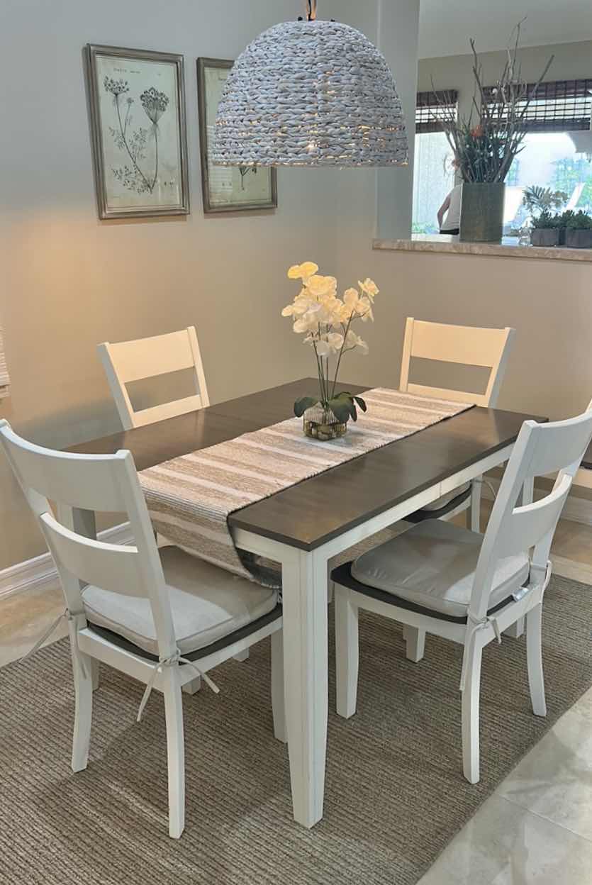 Photo 1 of FARMHOUSE-STYLE DINING TABLE W TWO-TONE DESIGN RICH DARK WOOD TABLETOP CRISP WHITE BASE LEAF & LADDER-BACK CHAIRS INCLUDED 48“ x 38“ x H30“ (w/ 18” LEAF TOTAL LENGTH 66”)