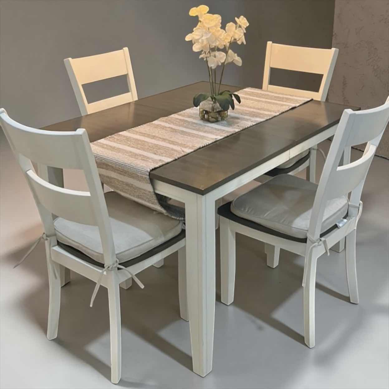 Photo 1 of FARMHOUSE-STYLE DINING TABLE W TWO-TONE DESIGN RICH DARK WOOD TABLETOP CRISP WHITE BASE LEAF & LADDER-BACK CHAIRS INCLUDED 48“ x 38“ x H30“ (w/ 18” LEAF TOTAL LENGTH 66”)