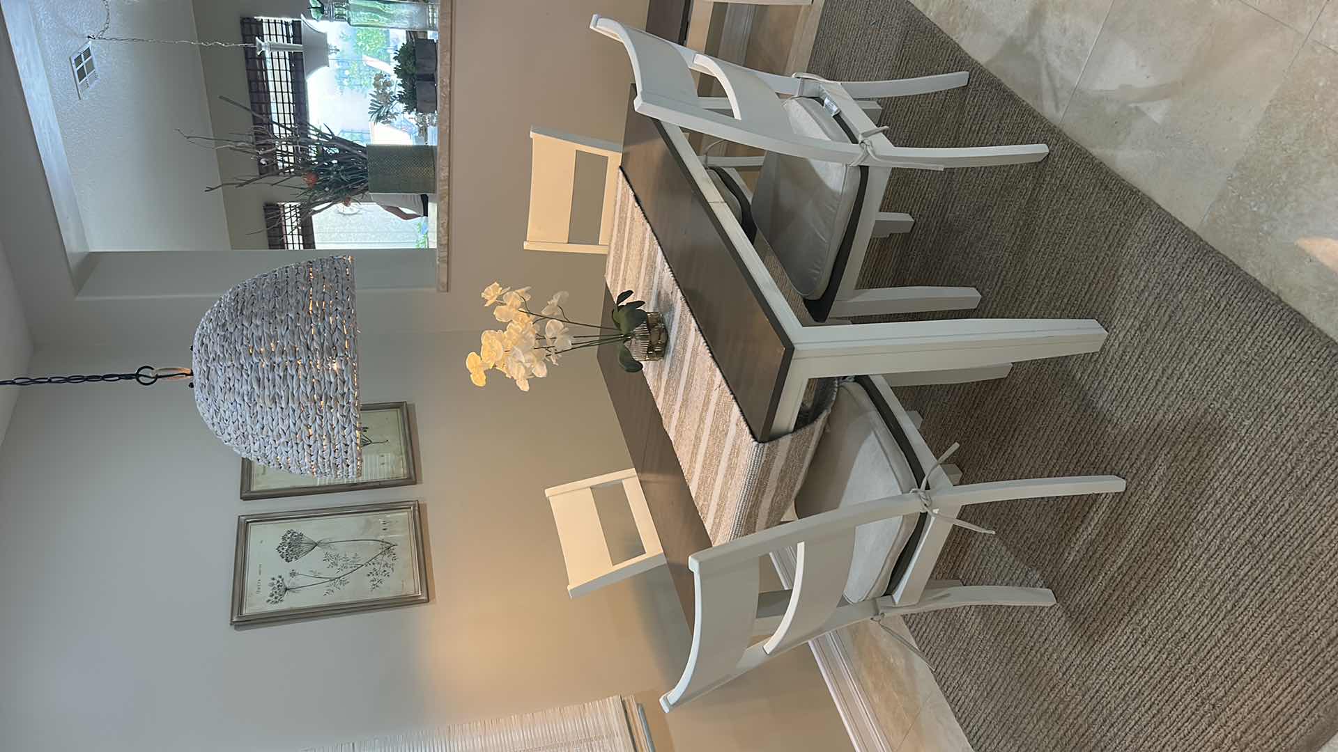Photo 1 of FARMHOUSE-STYLE DINING TABLE W TWO-TONE DESIGN RICH DARK WOOD TABLETOP CRISP WHITE BASE LEAF & LADDER-BACK CHAIRS INCLUDED 48“ x 38“ x H30“ (w/ 18” LEAF TOTAL LENGTH 66”)