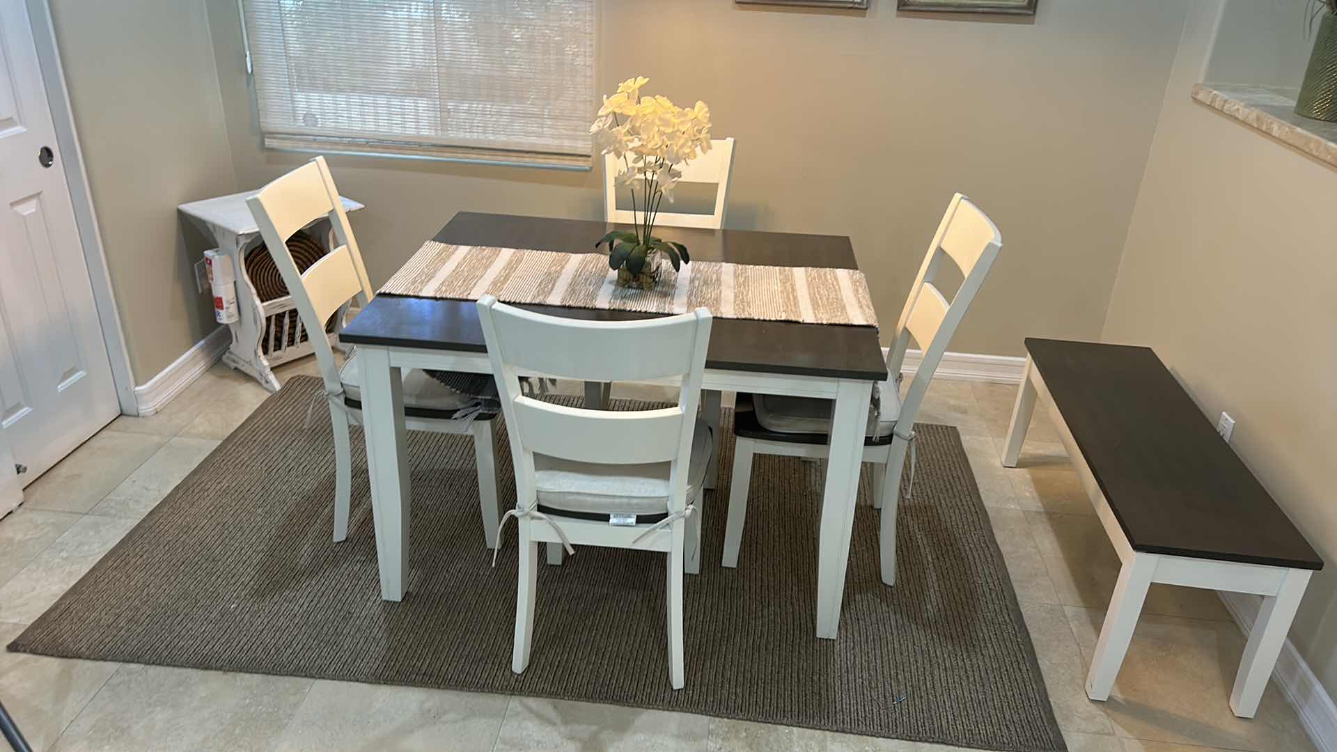 Photo 1 of FARMHOUSE-STYLE DINING TABLE W TWO-TONE DESIGN RICH DARK WOOD TABLETOP CRISP WHITE BASE LEAF & LADDER-BACK CHAIRS INCLUDED 48“ x 38“ x H30“ (w/ 18” LEAF TOTAL LENGTH 66”)