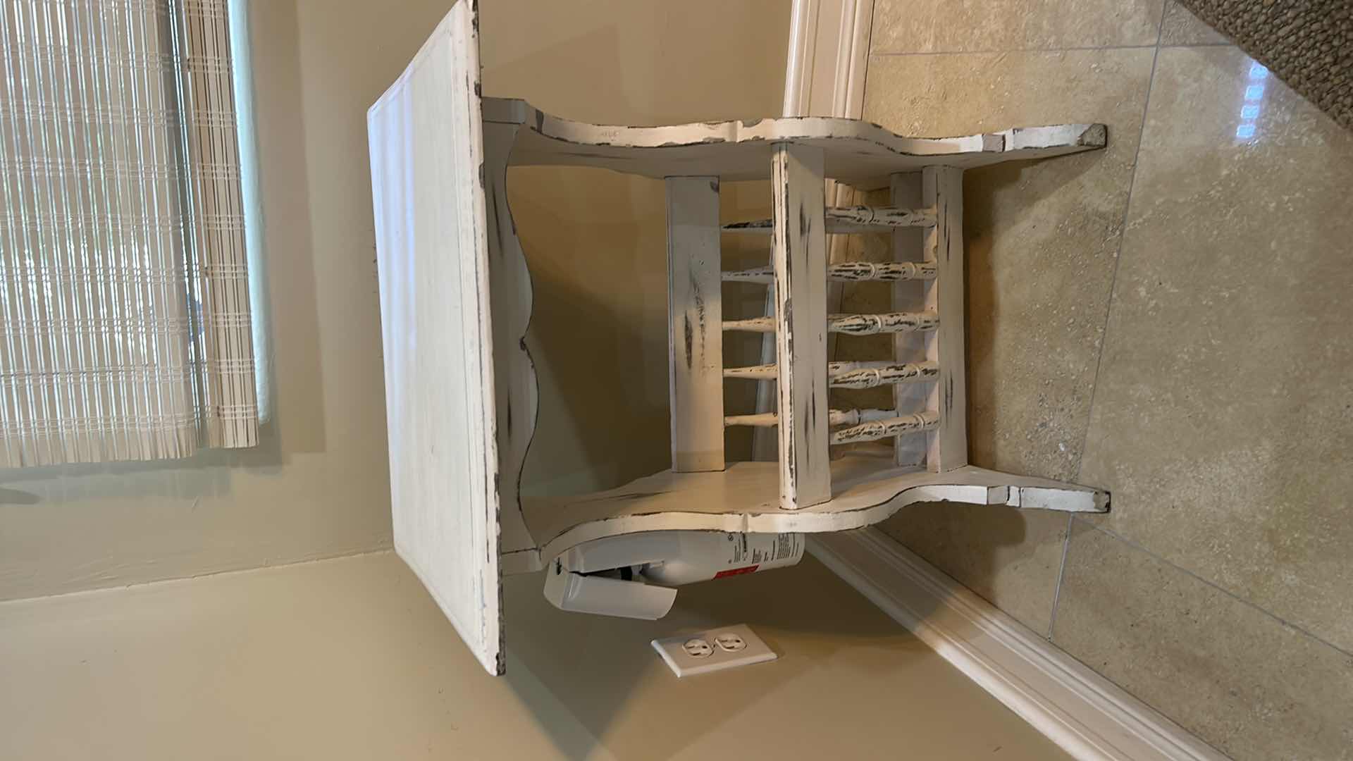 Photo 1 of FRENCH PROVINCIAL COUNTRY MAGAZINE SIDE TABLE W DISTRESSED WHITE FINISH & LOWER STORAGE RACK/ ATTACHED 19” x 16” x H24 1/2”